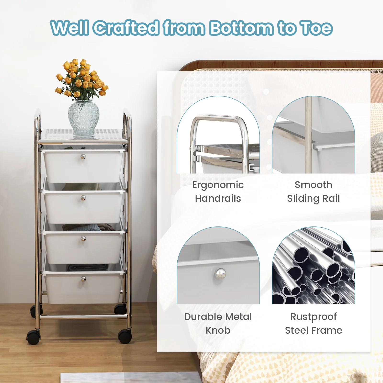 4-Drawer Rolling Cart Organizer, White - Image 10