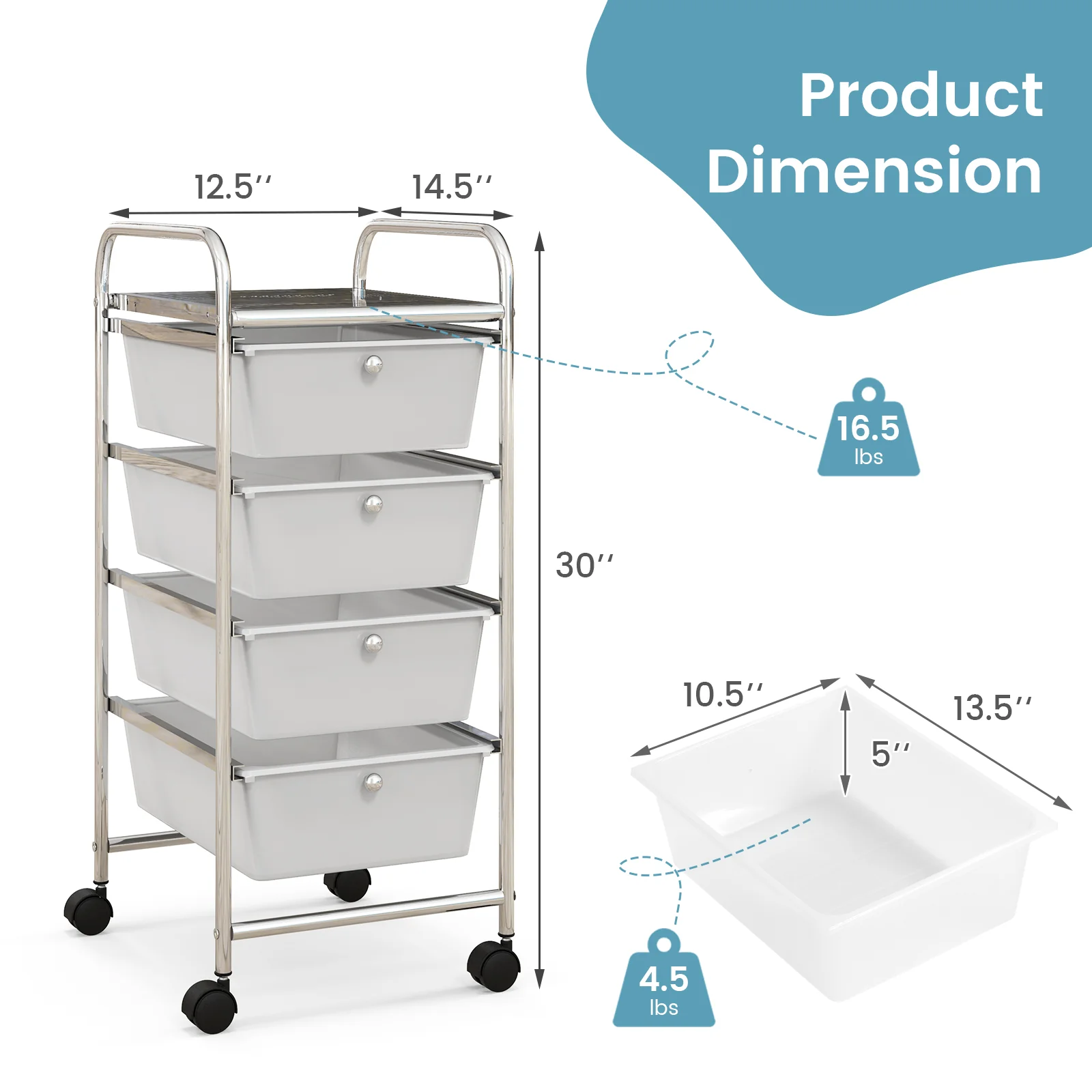 4-Drawer Rolling Cart Organizer, White - Image 6