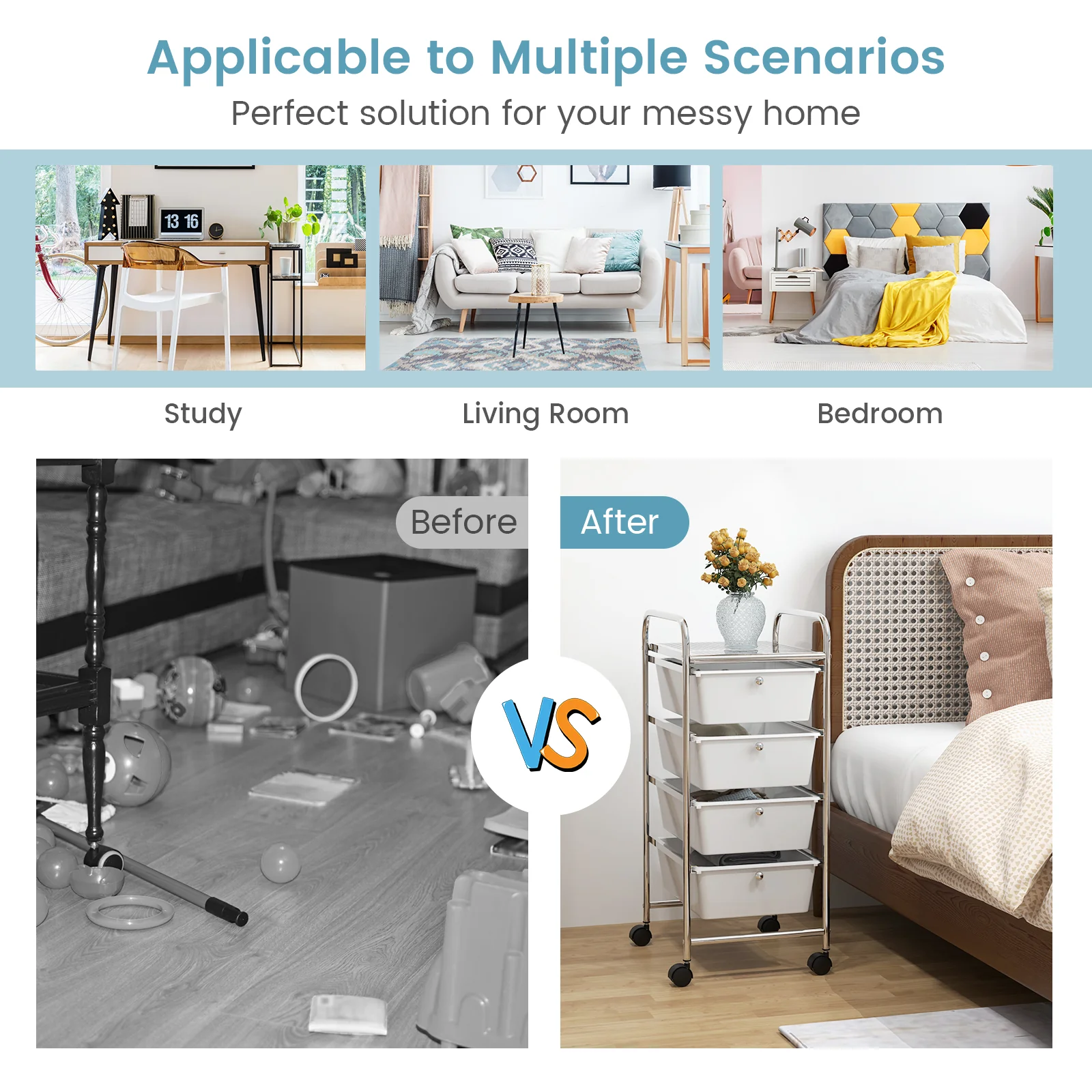 4-Drawer Rolling Cart Organizer, White - Image 8
