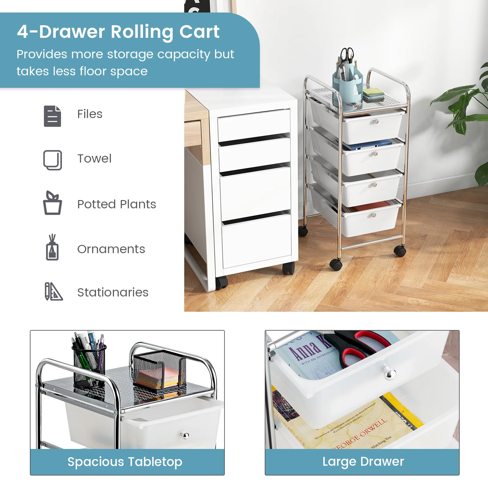 4-Drawer Rolling Cart Organizer, White - Image 9