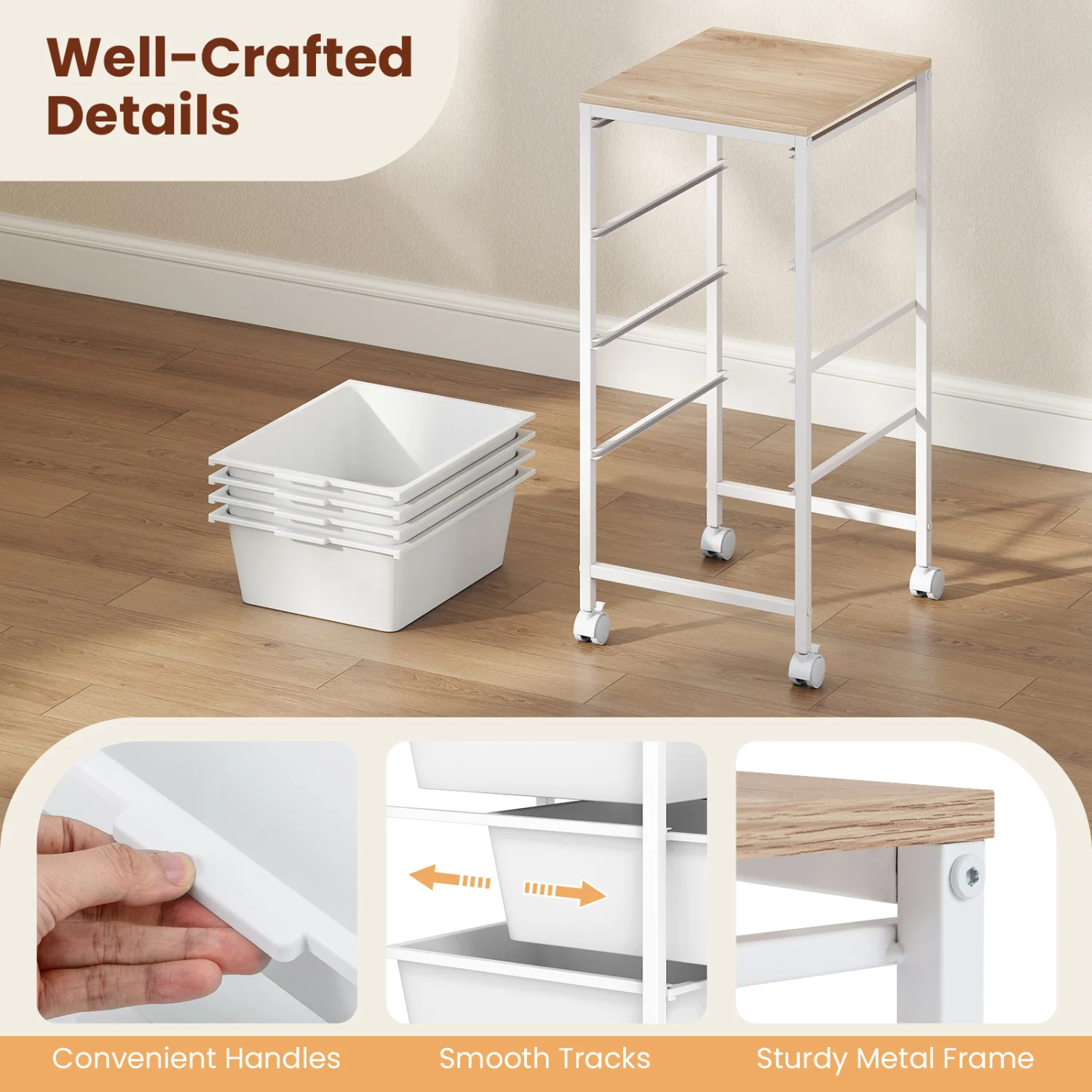 4-Drawer Rolling Storage Cart Mobile Utility Organizer with Wooden Tabletop and Lockable Wheels, White - Image 10