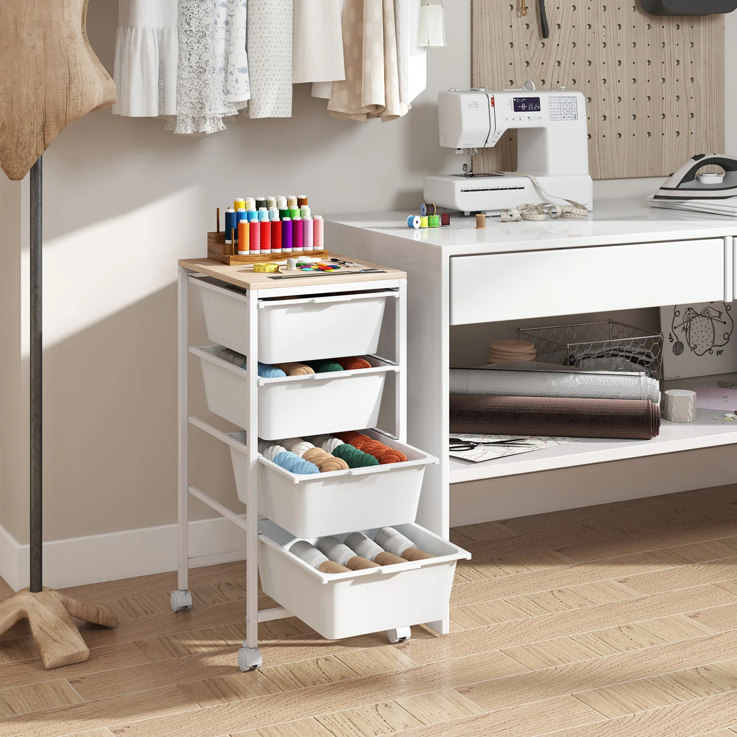 4-Drawer Rolling Storage Cart Mobile Utility Organizer with Wooden Tabletop and Lockable Wheels, White - Image 2