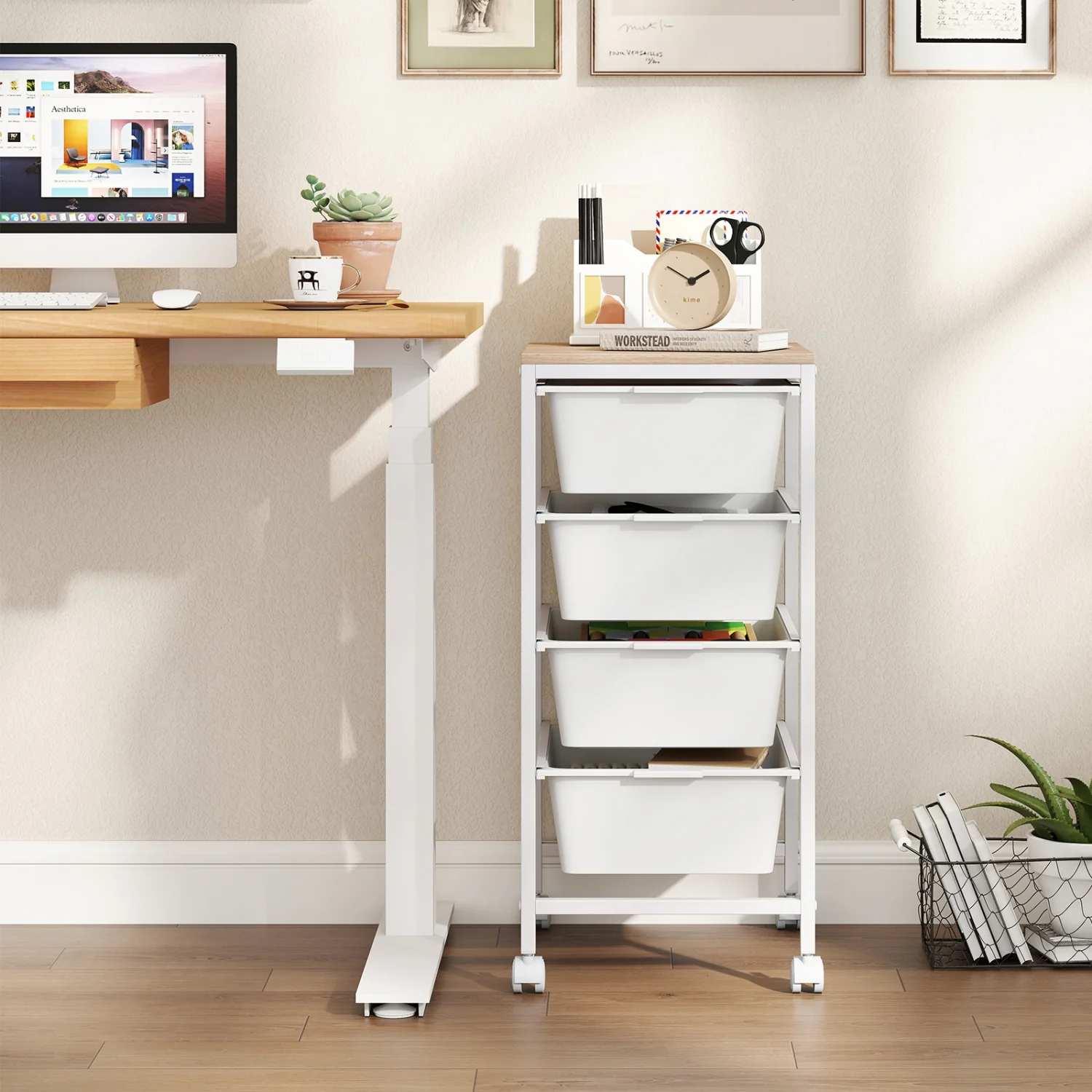 4-Drawer Rolling Storage Cart Mobile Utility Organizer with Wooden Tabletop and Lockable Wheels, White - Image 3