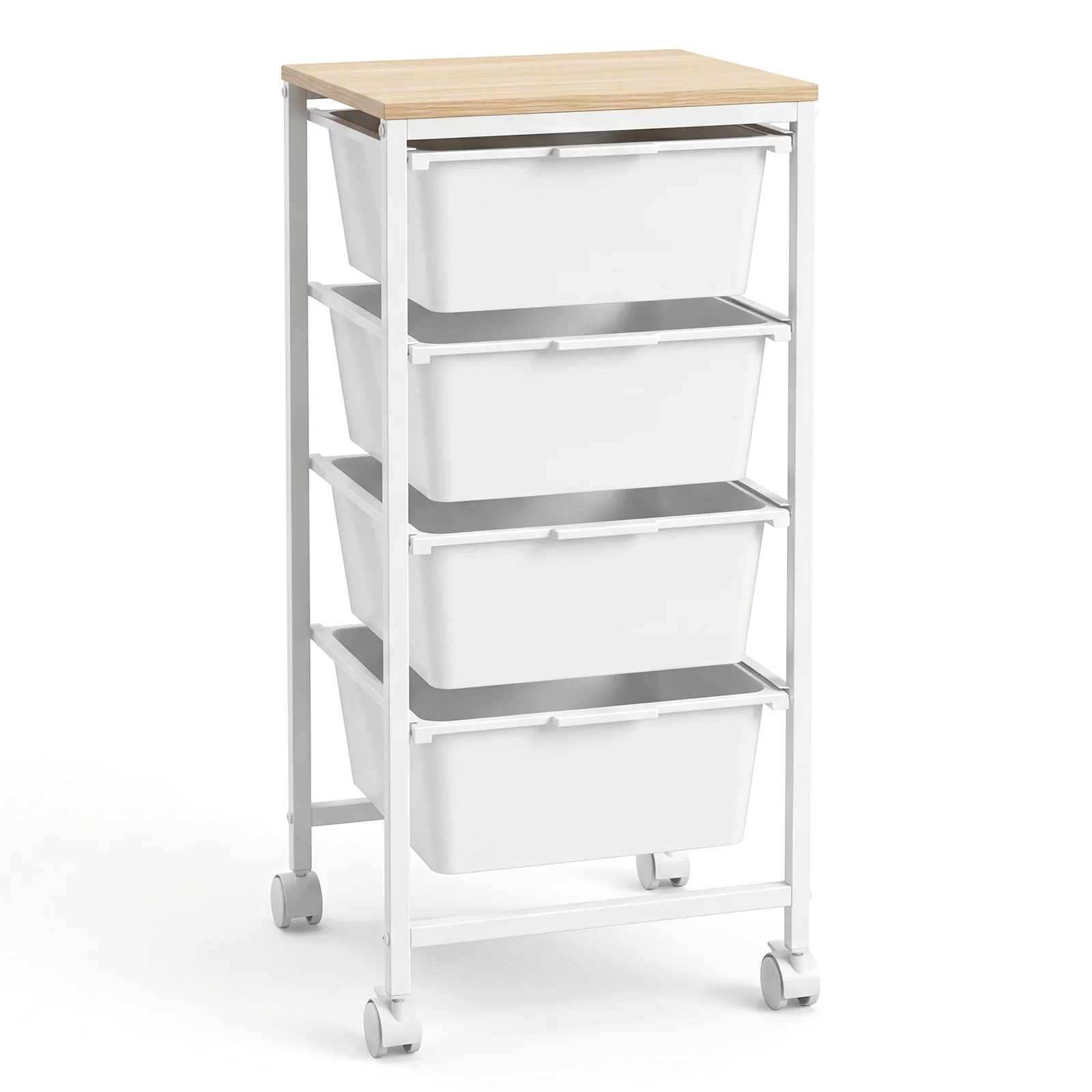4-Drawer Rolling Storage Cart Mobile Utility Organizer with Wooden Tabletop and Lockable Wheels, White - Image 4
