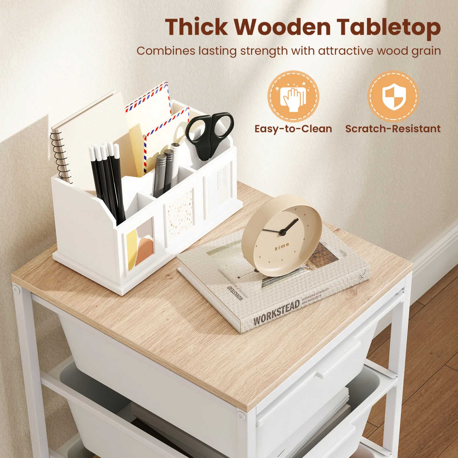 4-Drawer Rolling Storage Cart Mobile Utility Organizer with Wooden Tabletop and Lockable Wheels, White - Image 8