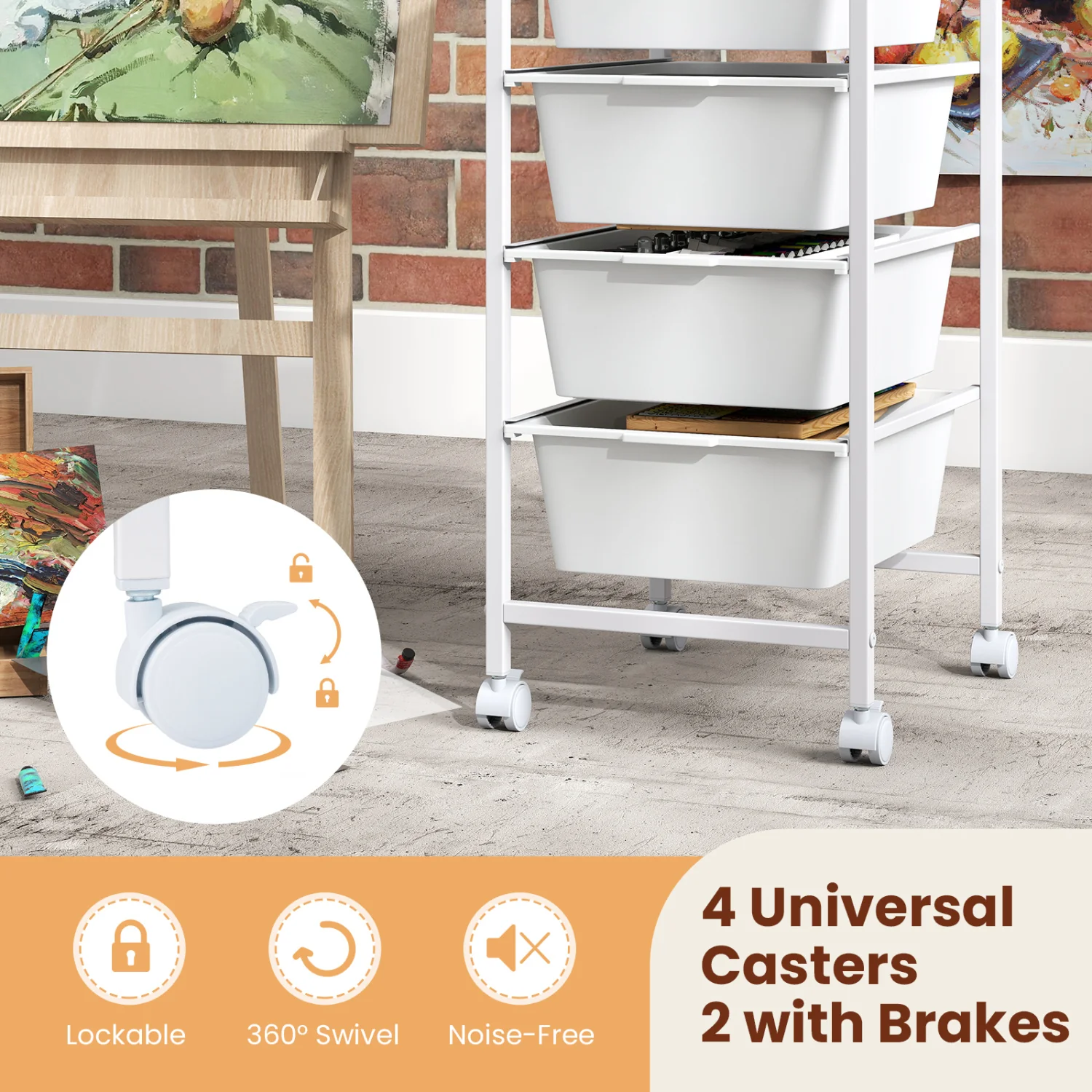 4-Drawer Rolling Storage Cart Mobile Utility Organizer with Wooden Tabletop and Lockable Wheels, White - Image 9