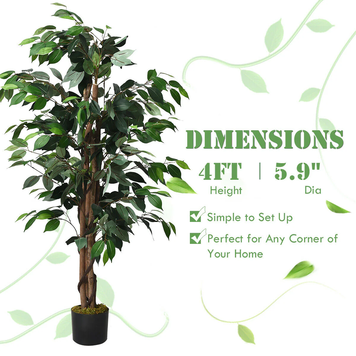 4 Feet Artificial Ficus Silk Tree, Outdoor Trunks, Green - Image 6