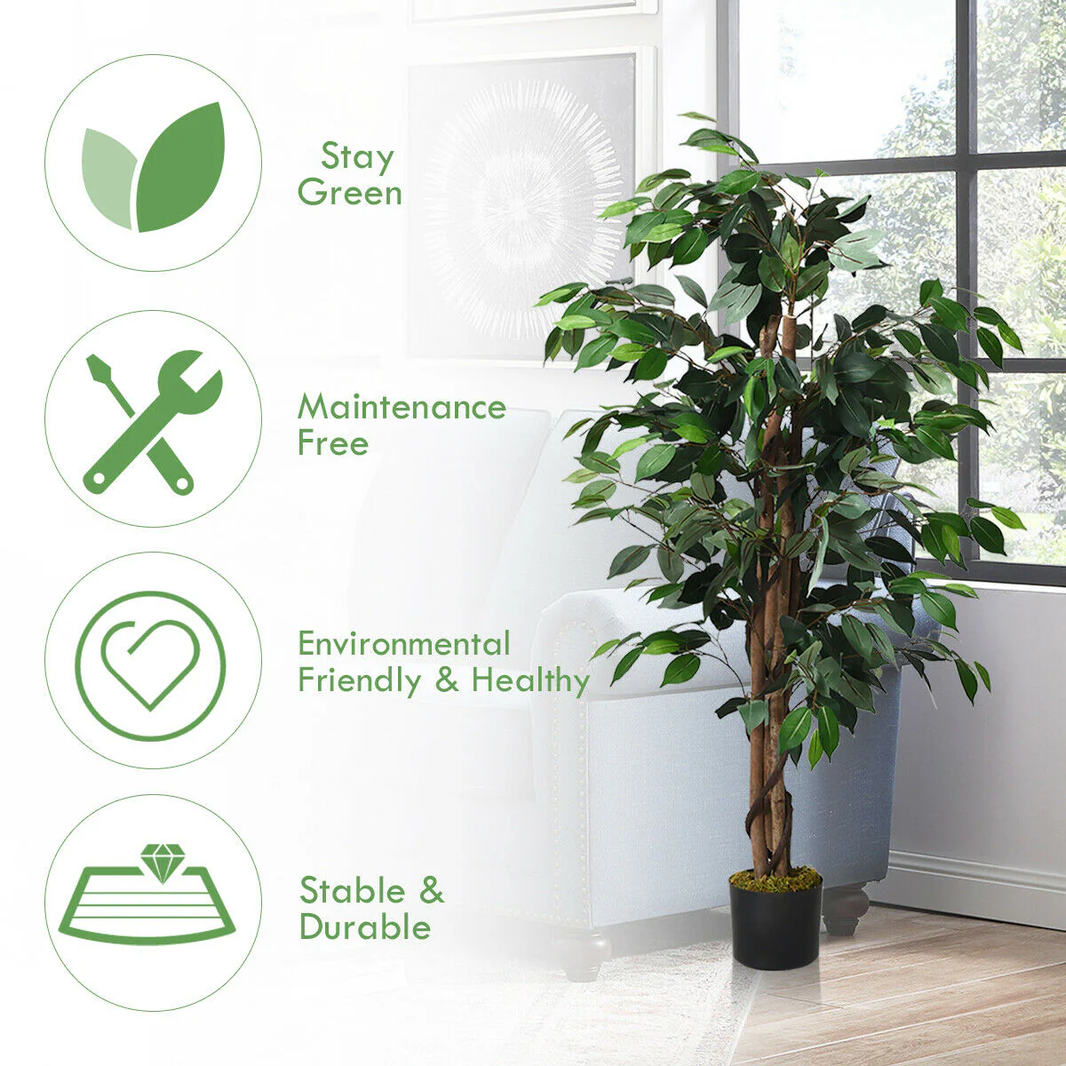 4 Feet Artificial Ficus Silk Tree, Outdoor Trunks, Green - Image 8