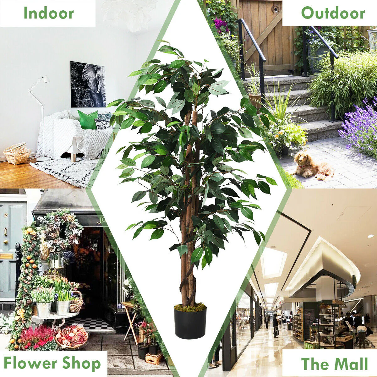 4 Feet Artificial Ficus Silk Tree, Outdoor Trunks, Green - Image 9