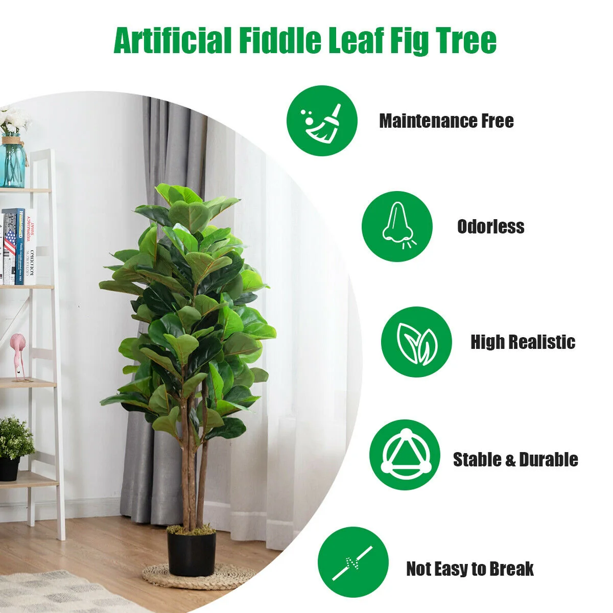 4 Feet Artificial Fiddle Leaf Fig Tree, Green - Image 7