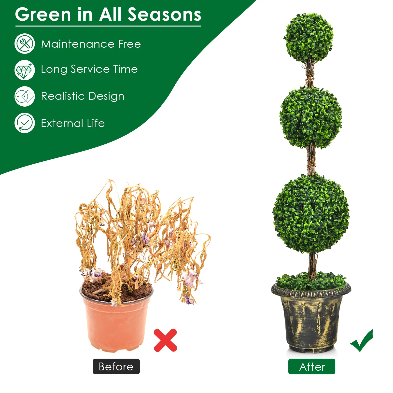 4 Feet Artificial Topiary Triple Ball Tree Plant, Green - Image 10