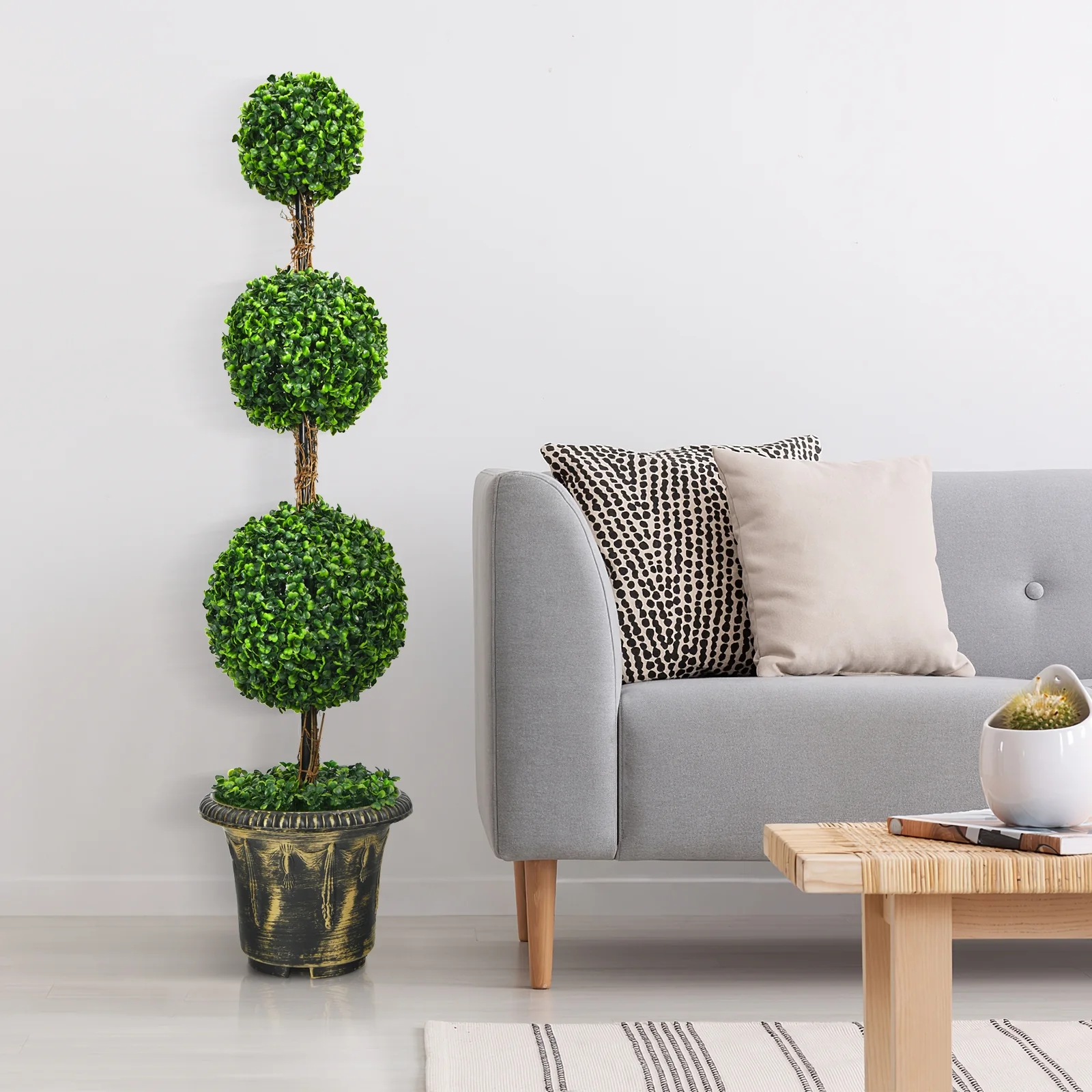 4 Feet Artificial Topiary Triple Ball Tree Plant, Green - Image 3