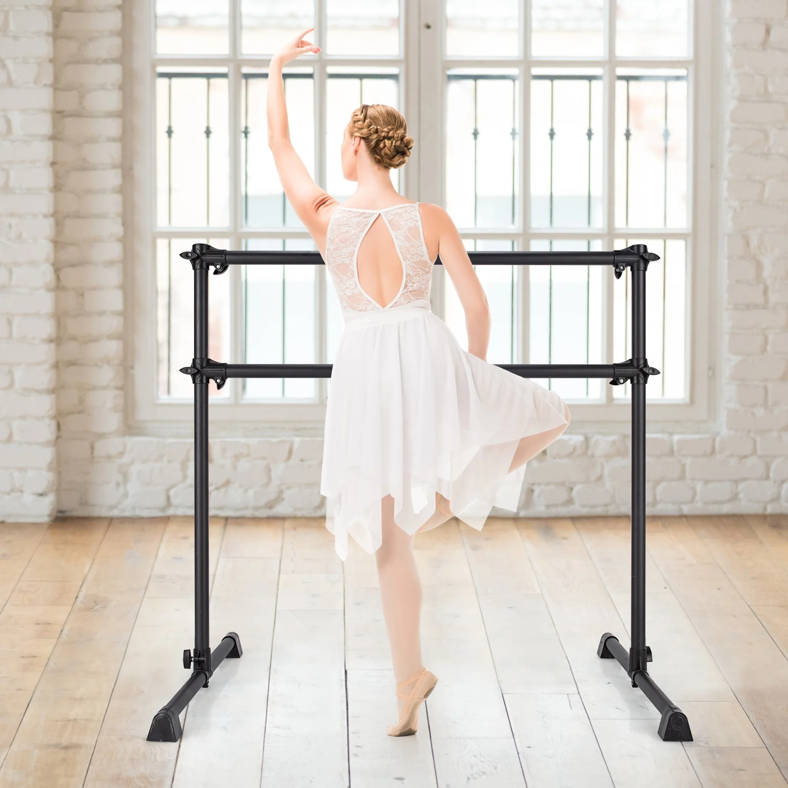 4 Feet Portable Double Freestanding Barre, Black - Image 7