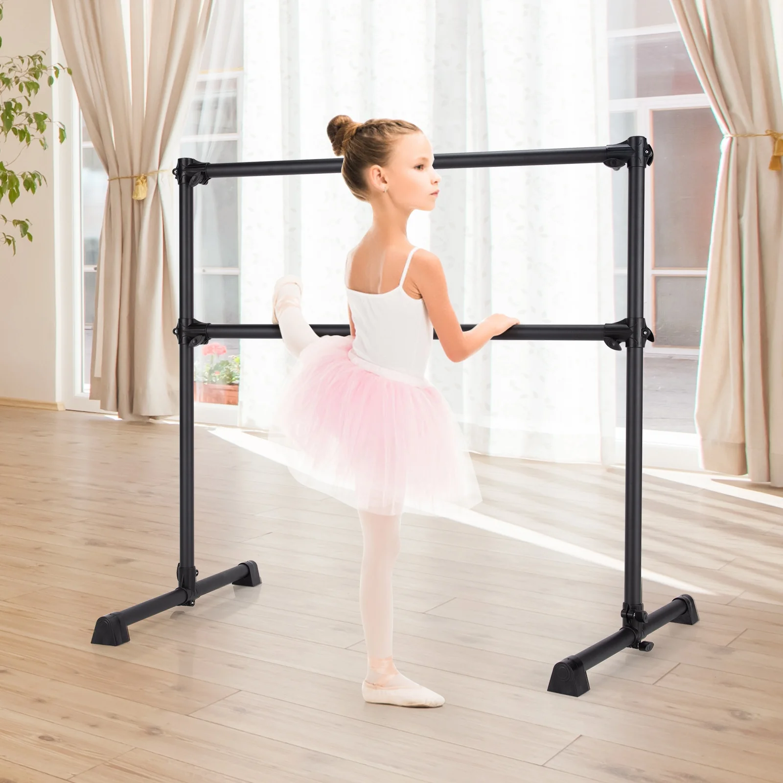4 Feet Portable Double Freestanding Barre, Black - Image 9