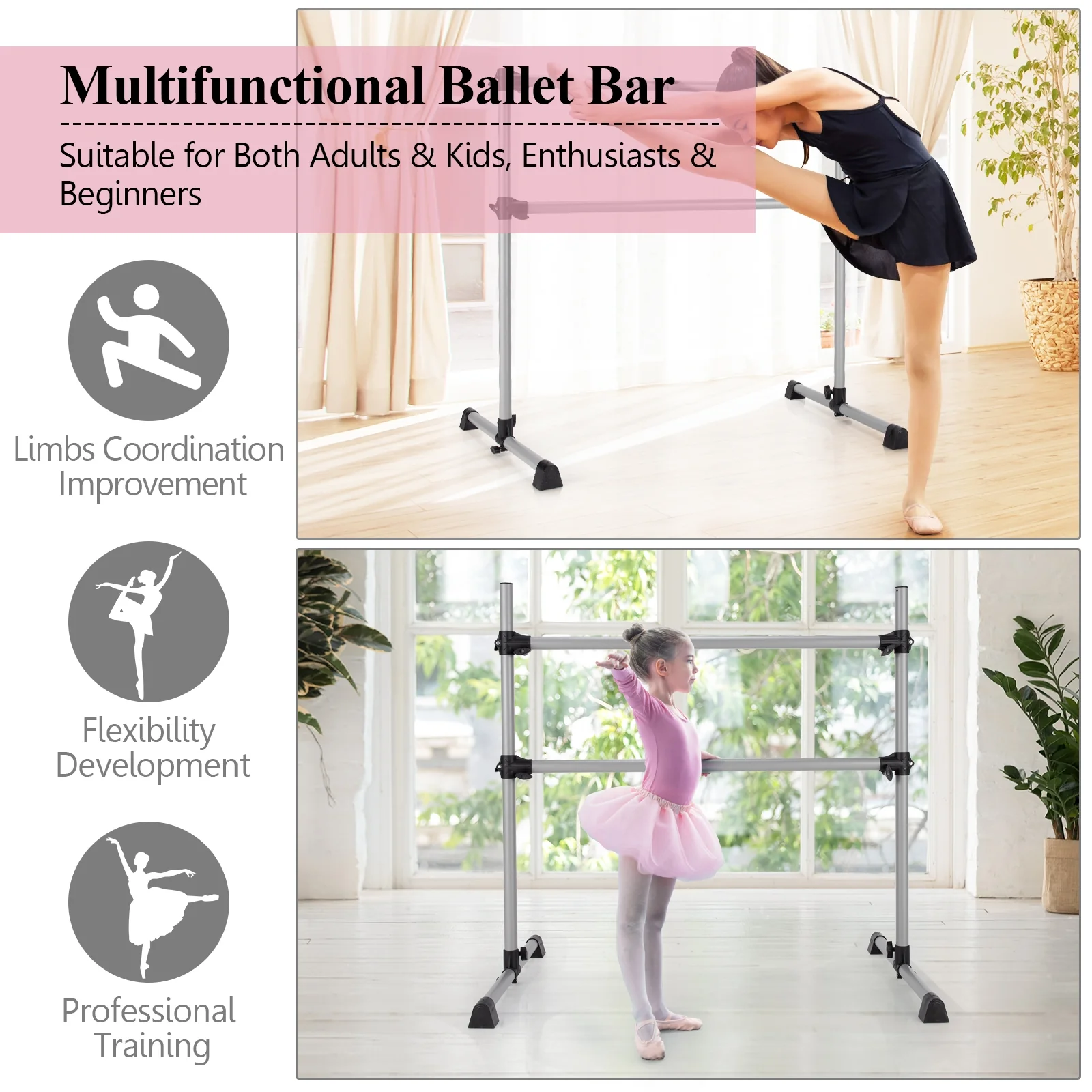 4 Feet Portable Double Freestanding Barre, Silver - Image 3