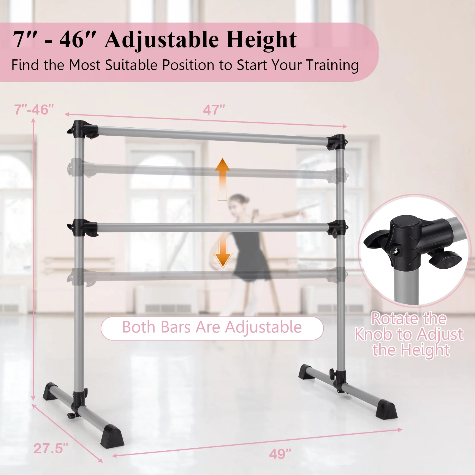 4 Feet Portable Double Freestanding Barre, Silver - Image 5