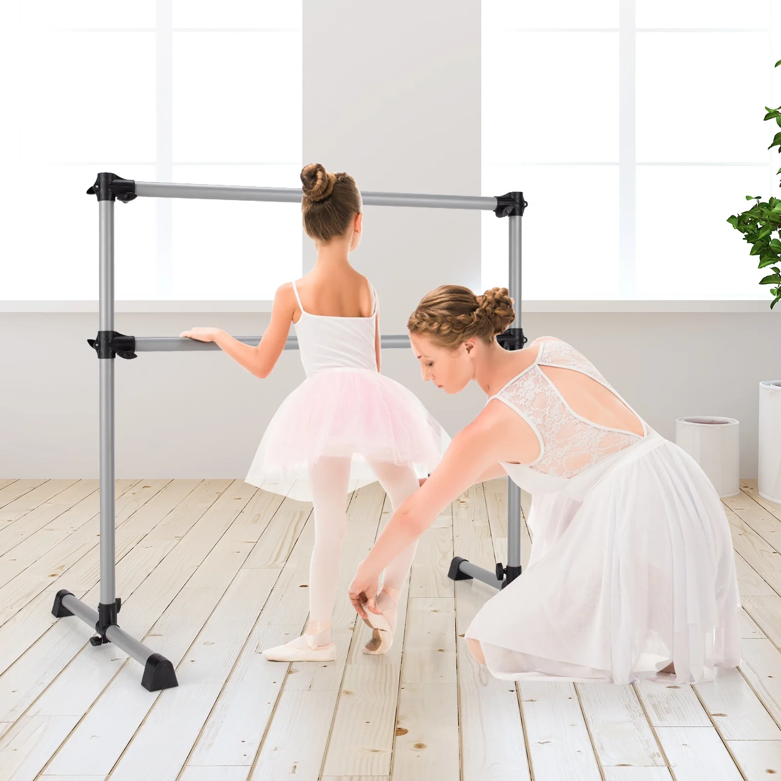 4 Feet Portable Double Freestanding Barre, Silver - Image 8