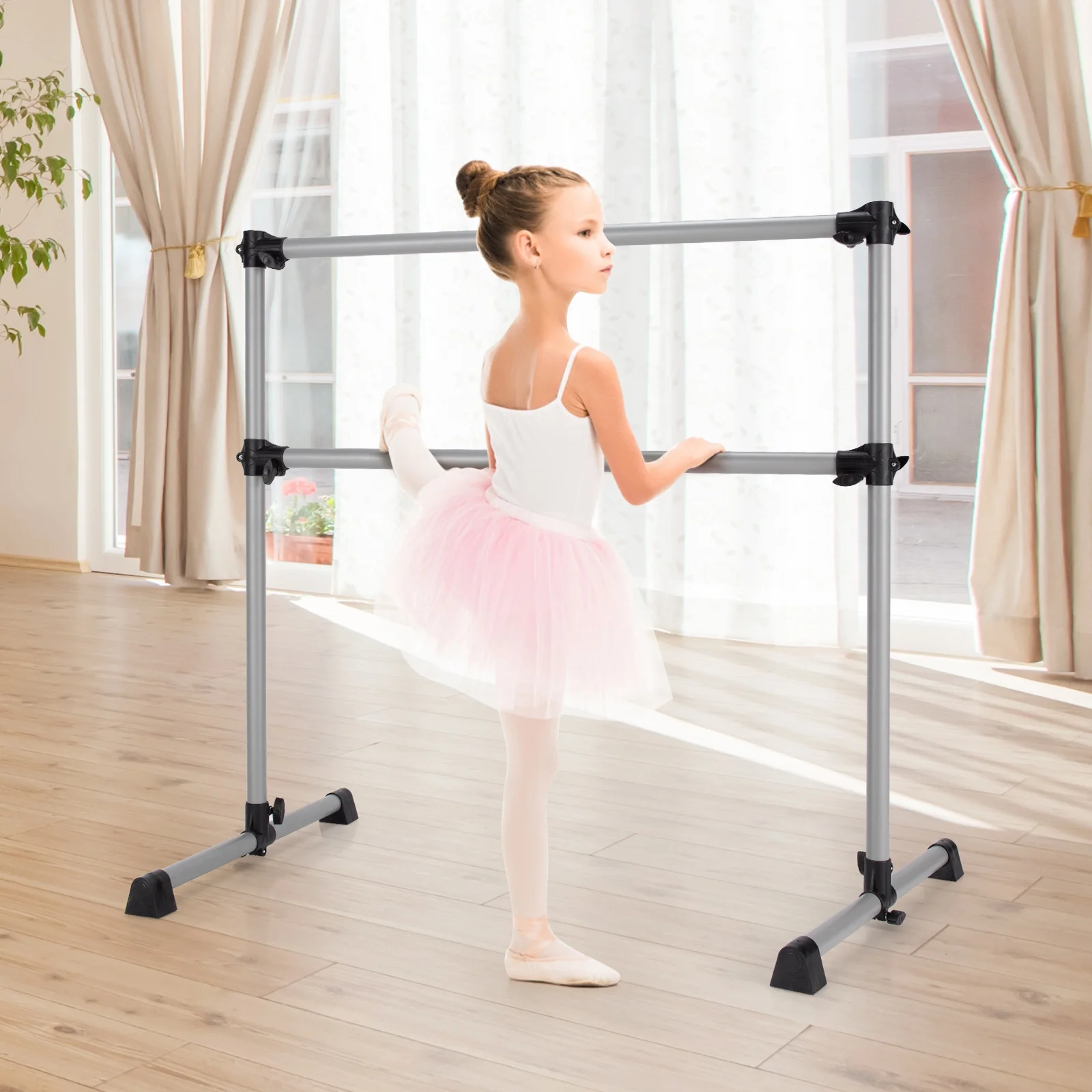 4 Feet Portable Double Freestanding Barre, Silver - Image 9