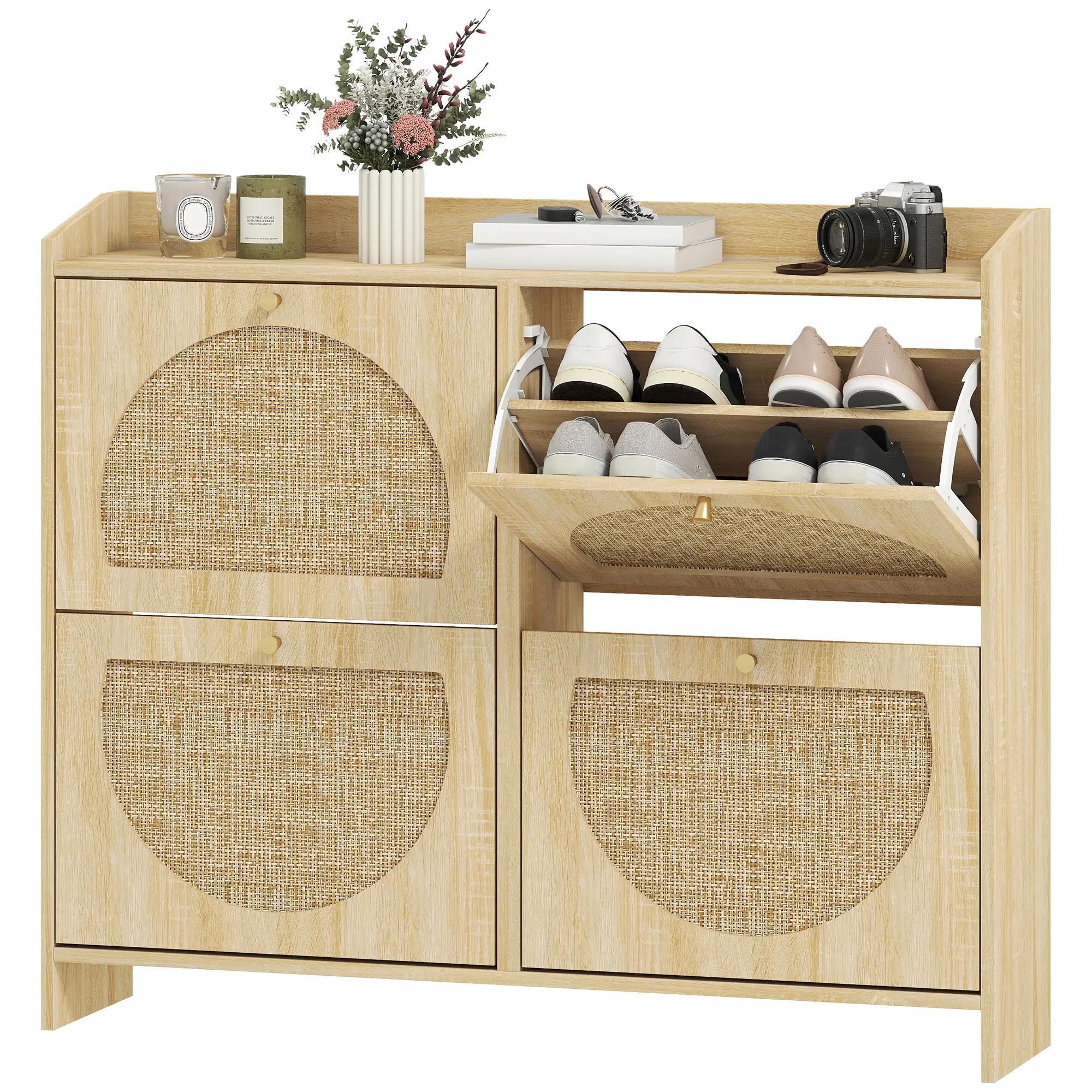 4 Flip-Drawer Shoe Cabinet, Rattan Doors, Adjustable Shelves, Holds 16 Pairs, Natural
