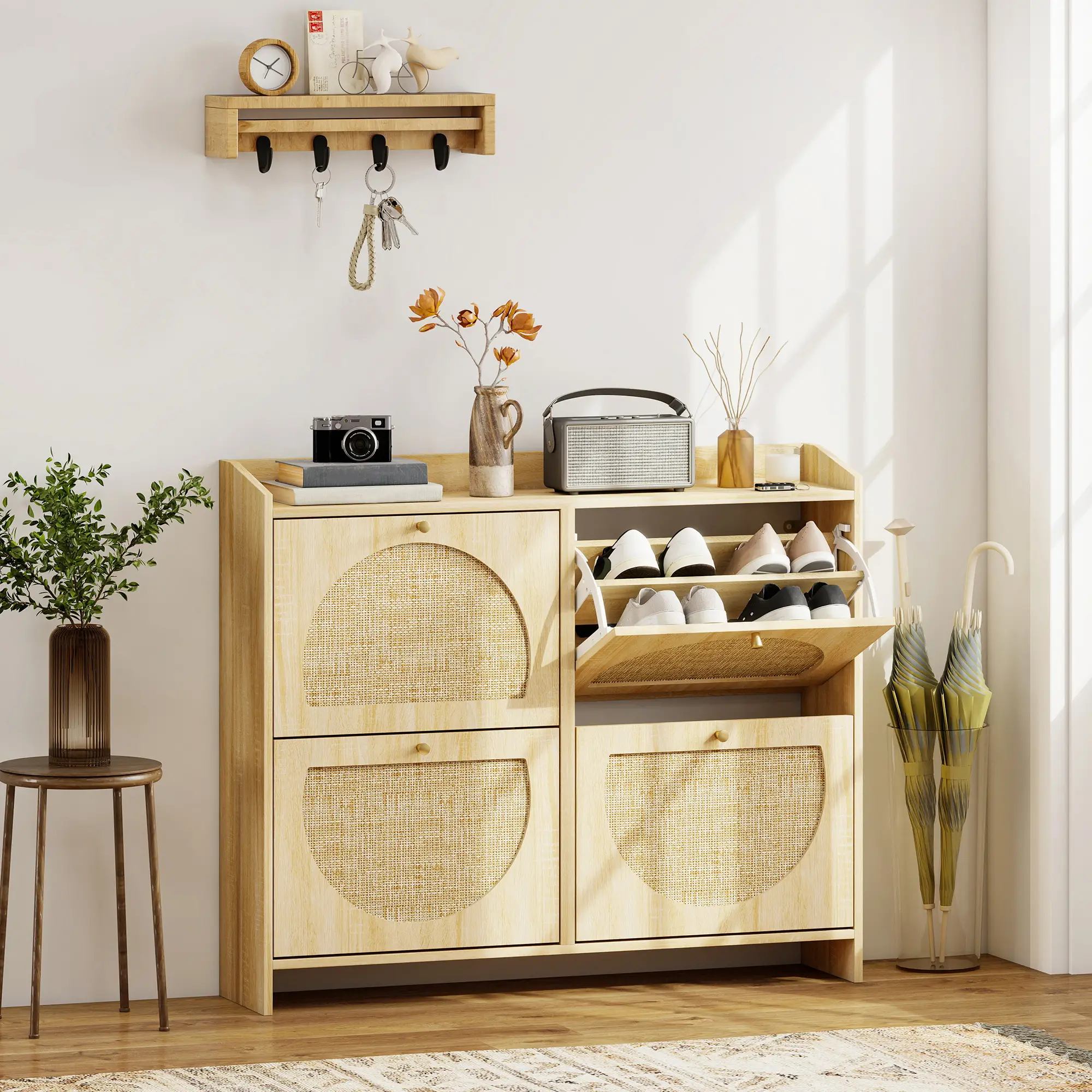 4 Flip-Drawer Shoe Cabinet, Rattan Doors, Adjustable Shelves, Holds 16 Pairs, Natural - Image 2