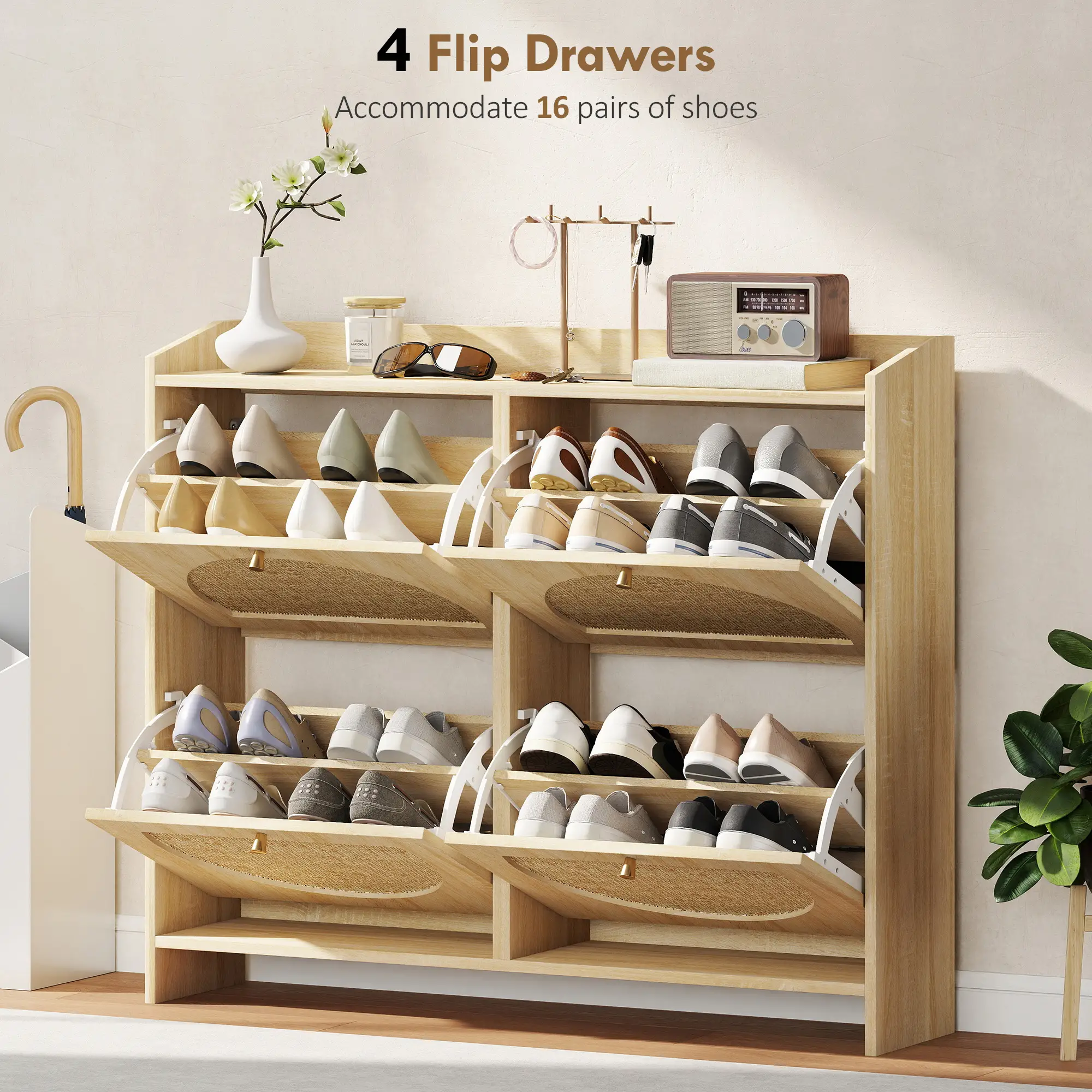 4 Flip-Drawer Shoe Cabinet, Rattan Doors, Adjustable Shelves, Holds 16 Pairs, Natural - Image 5