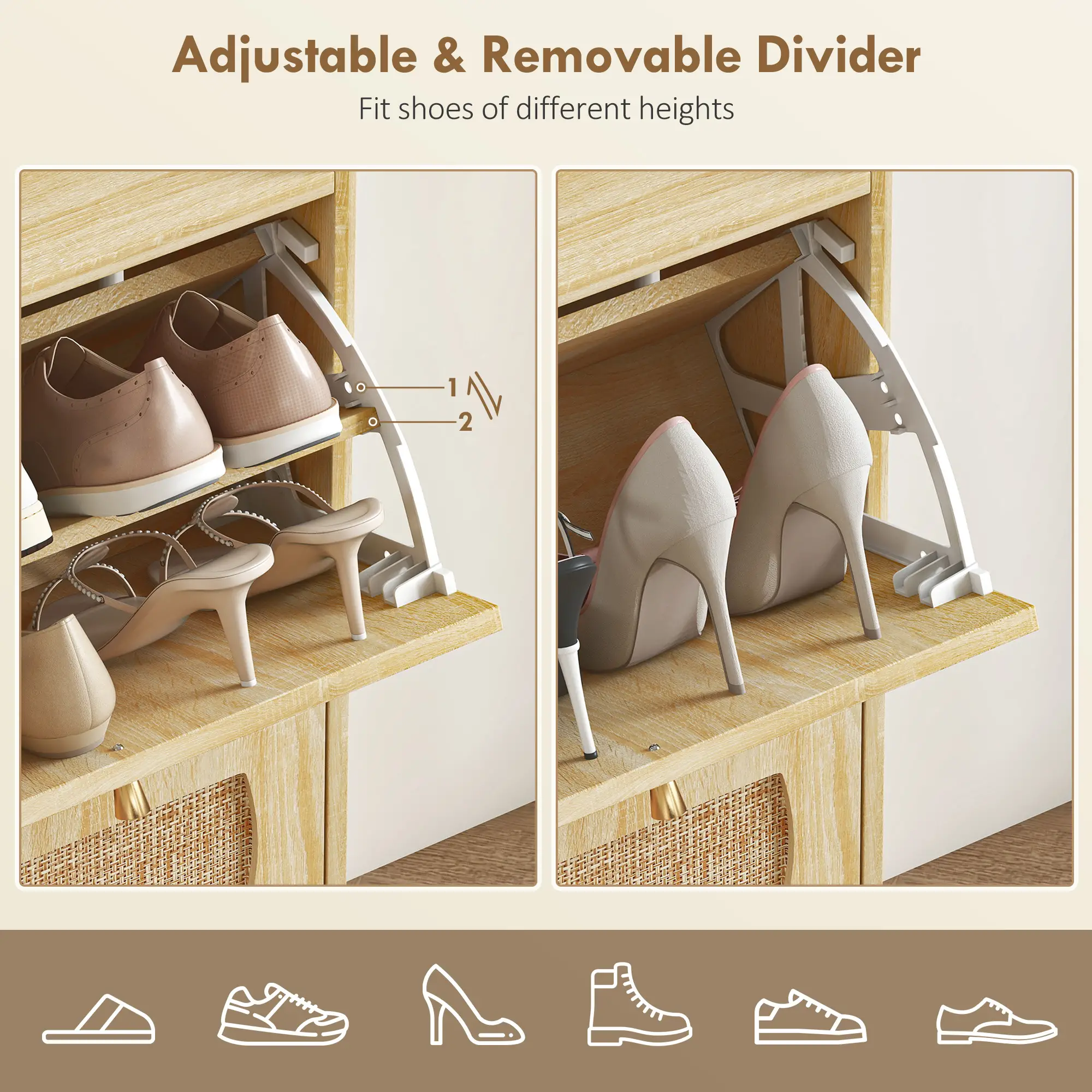 4 Flip-Drawer Shoe Cabinet, Rattan Doors, Adjustable Shelves, Holds 16 Pairs, Natural - Image 6