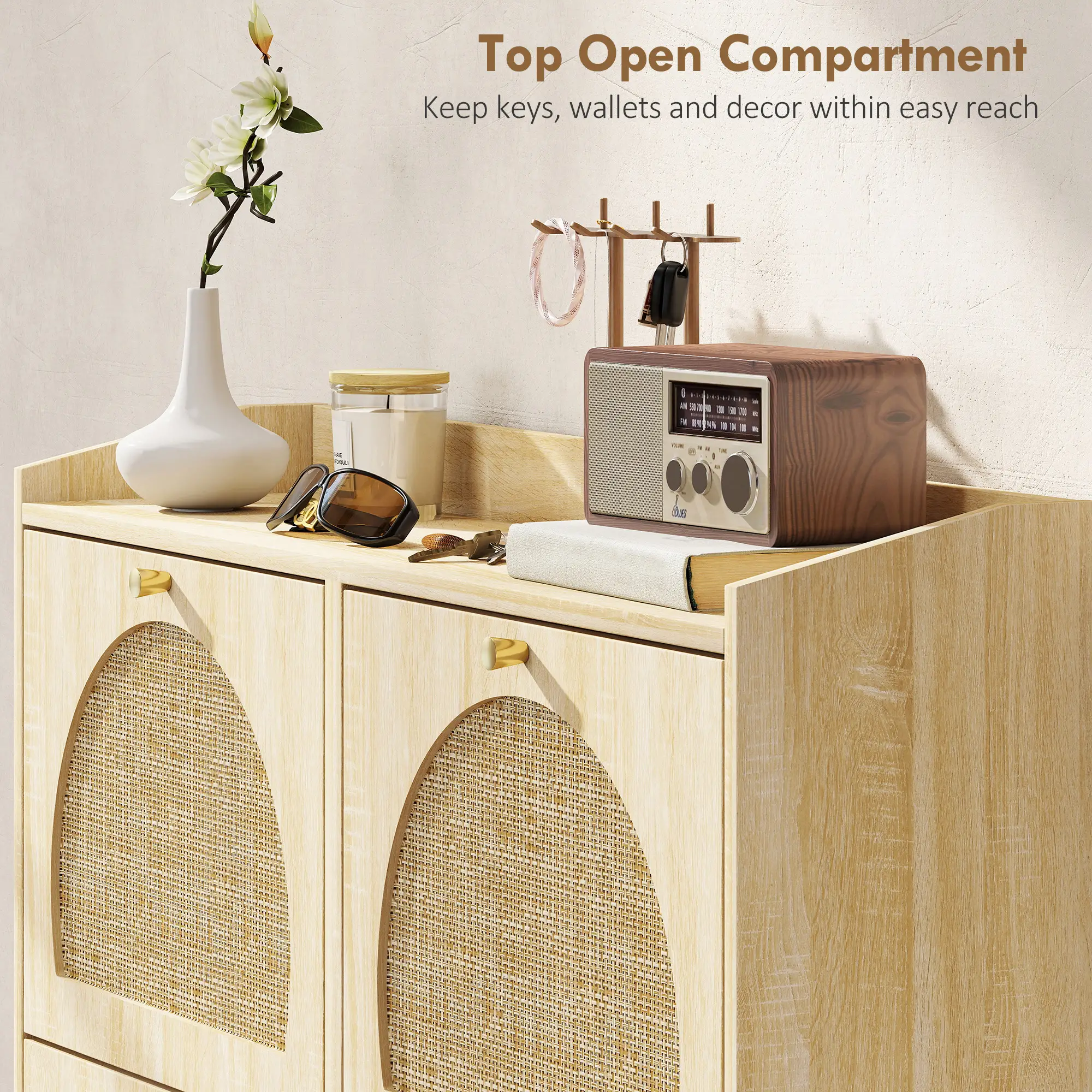 4 Flip-Drawer Shoe Cabinet, Rattan Doors, Adjustable Shelves, Holds 16 Pairs, Natural - Image 7