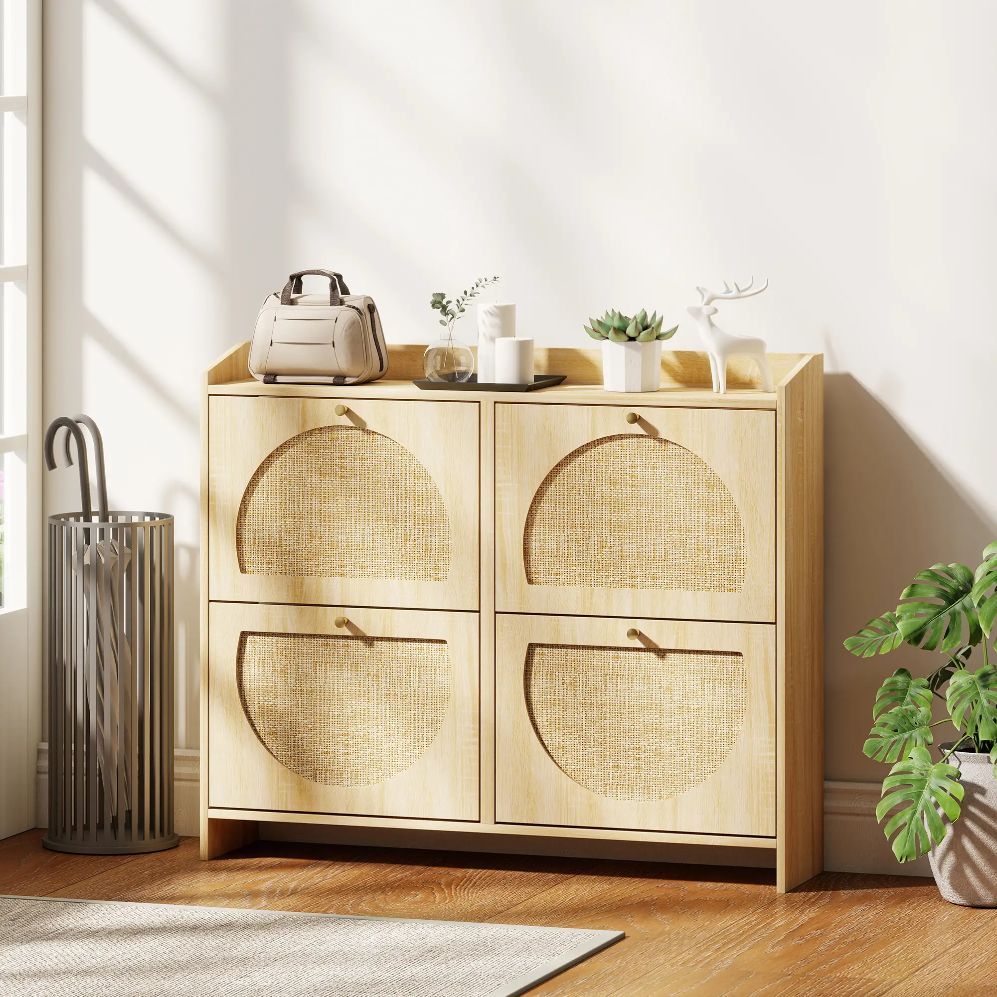 4 Flip-Drawer Shoe Cabinet, Rattan Doors, Adjustable Shelves, Holds 16 Pairs, Natural - Image 8