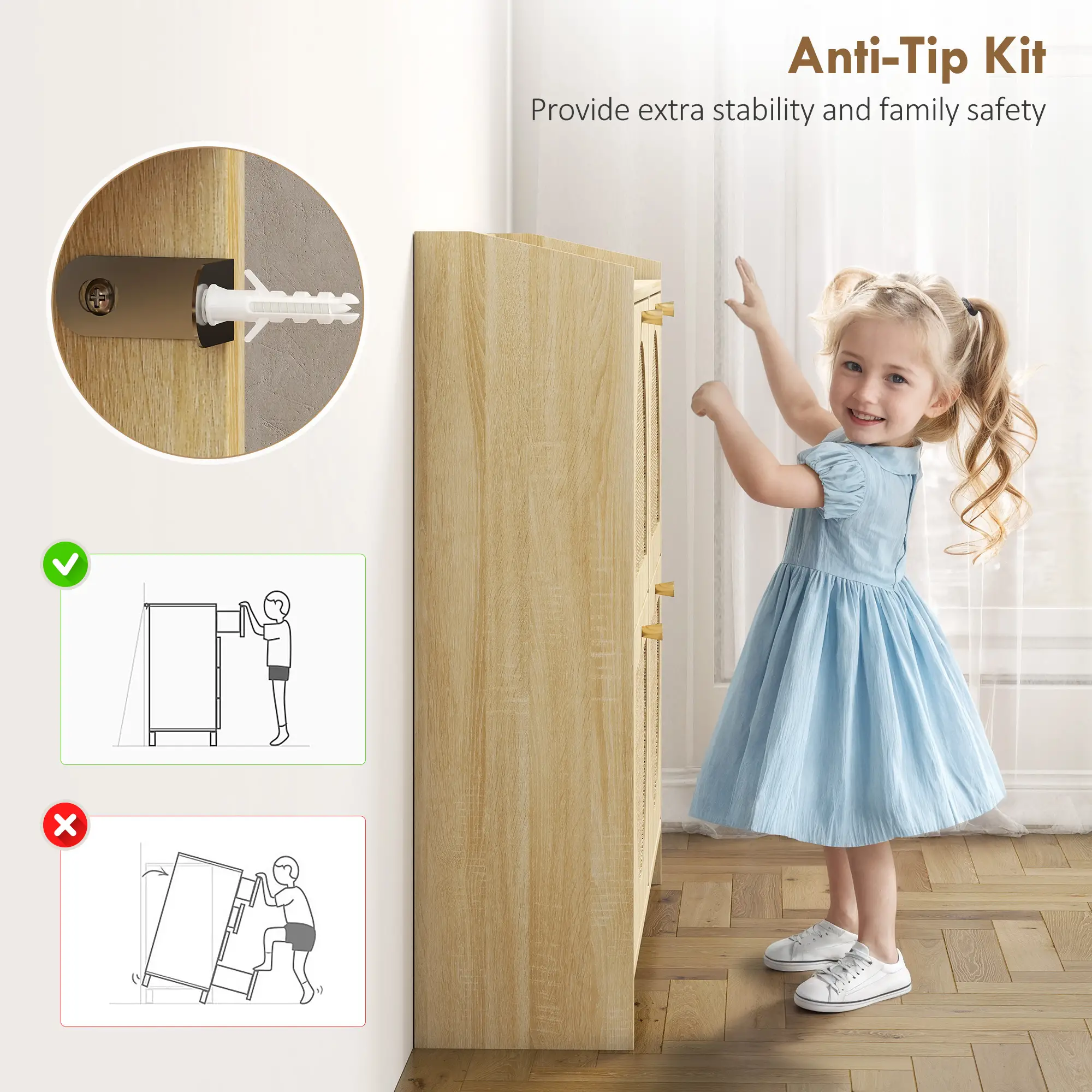 4 Flip-Drawer Shoe Cabinet, Rattan Doors, Adjustable Shelves, Holds 16 Pairs, Natural - Image 9