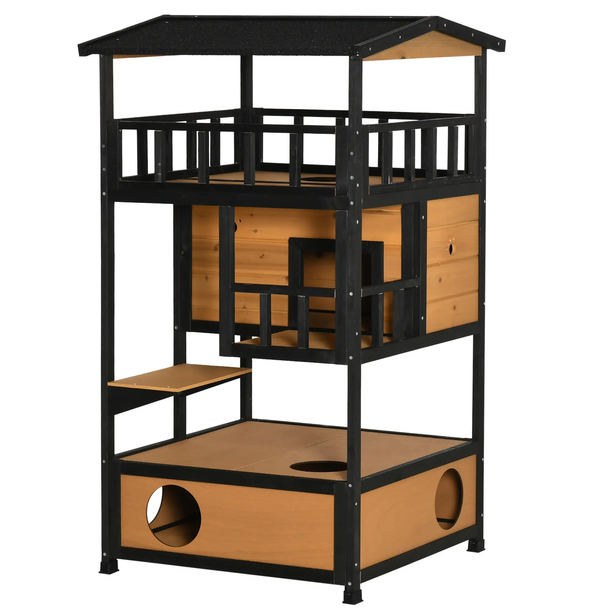 4-Floor Wood Outdoor Cat House, Condo, Fun Entrances, Perch, Natural