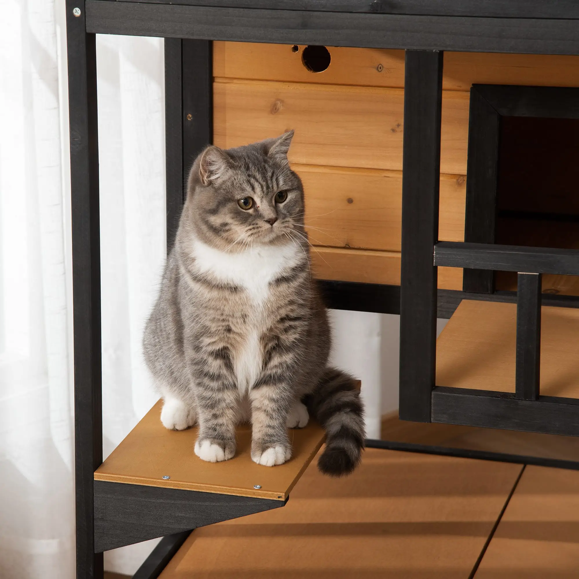 4-Floor Wood Outdoor Cat House, Condo, Fun Entrances, Perch, Natural - Image 10