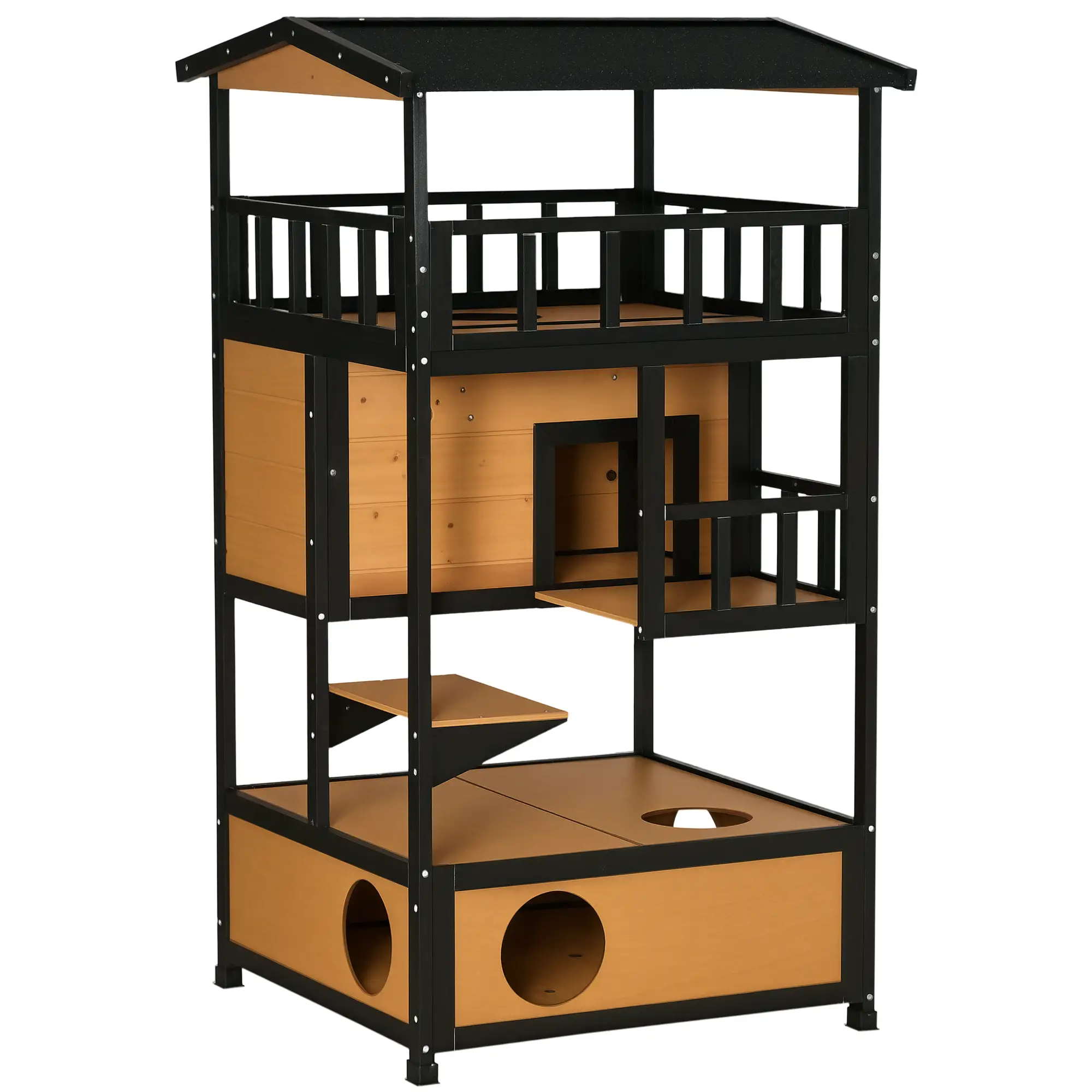 4-Floor Wood Outdoor Cat House, Condo, Fun Entrances, Perch, Natural - Image 11