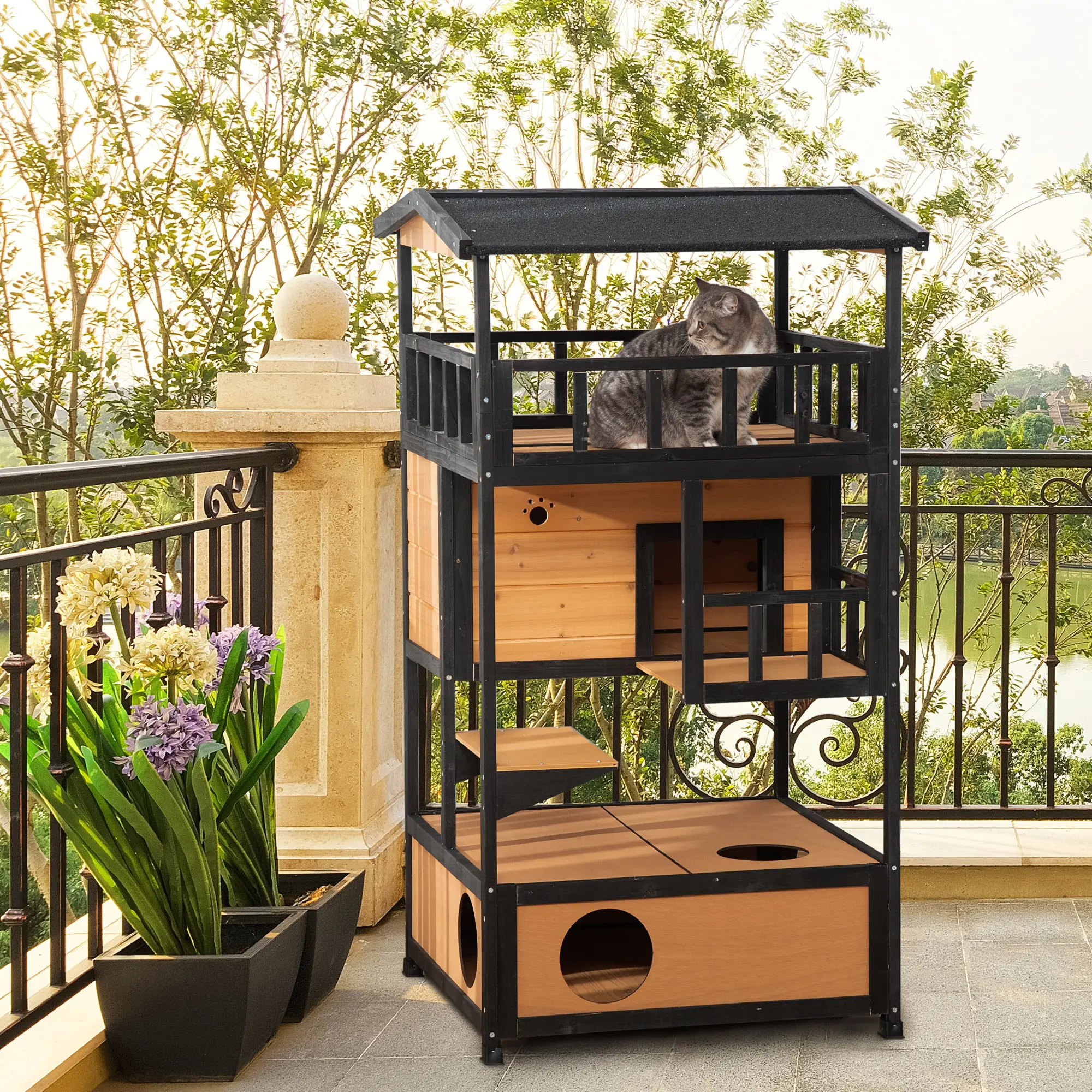 4-Floor Wood Outdoor Cat House, Condo, Fun Entrances, Perch, Natural - Image 2