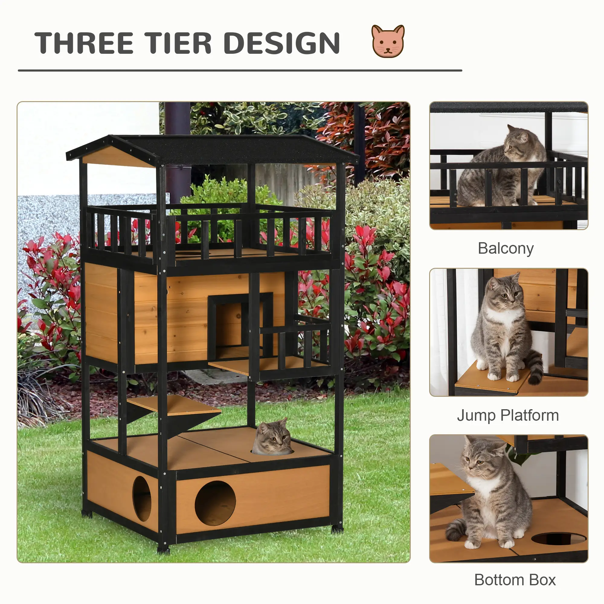 4-Floor Wood Outdoor Cat House, Condo, Fun Entrances, Perch, Natural - Image 4