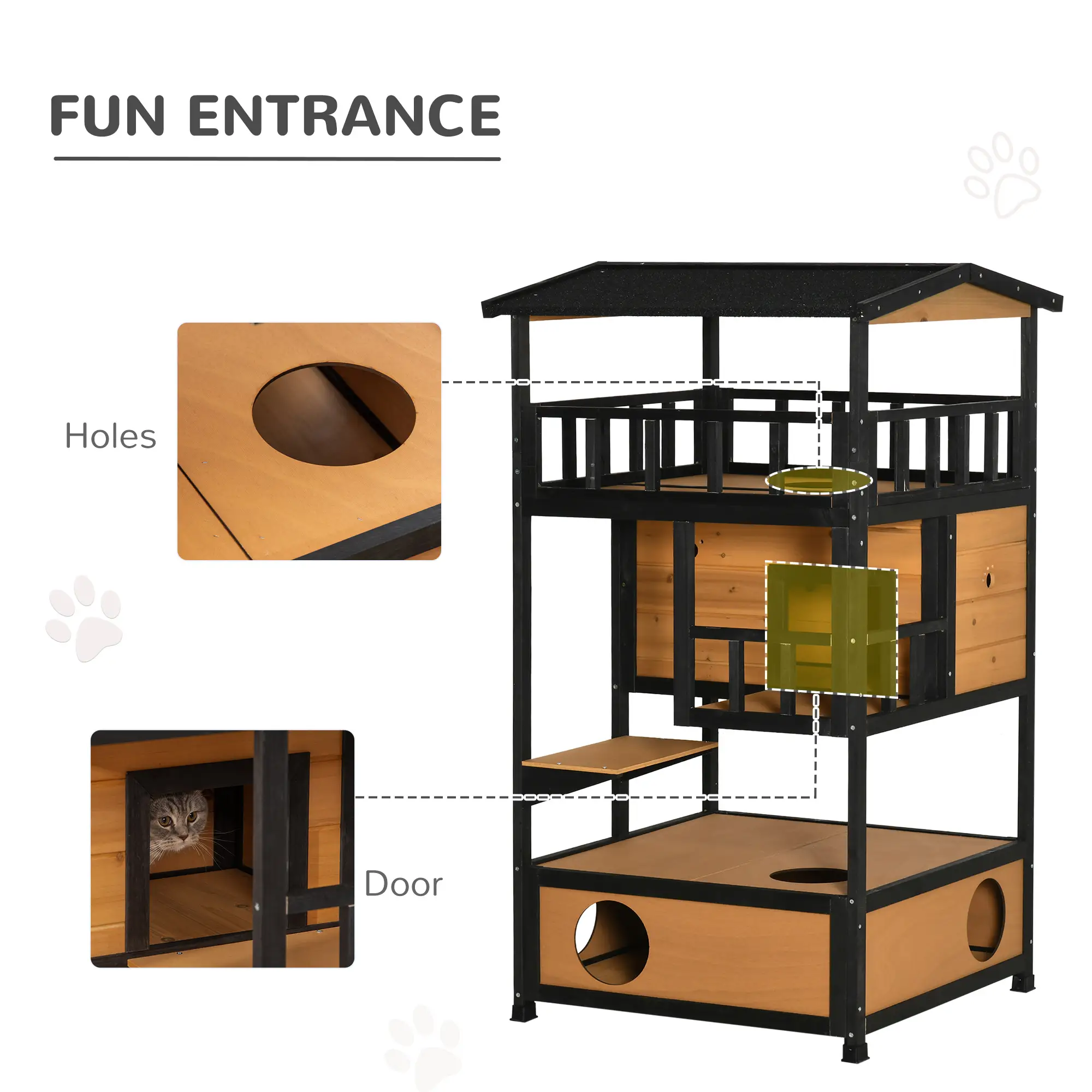 4-Floor Wood Outdoor Cat House, Condo, Fun Entrances, Perch, Natural - Image 5