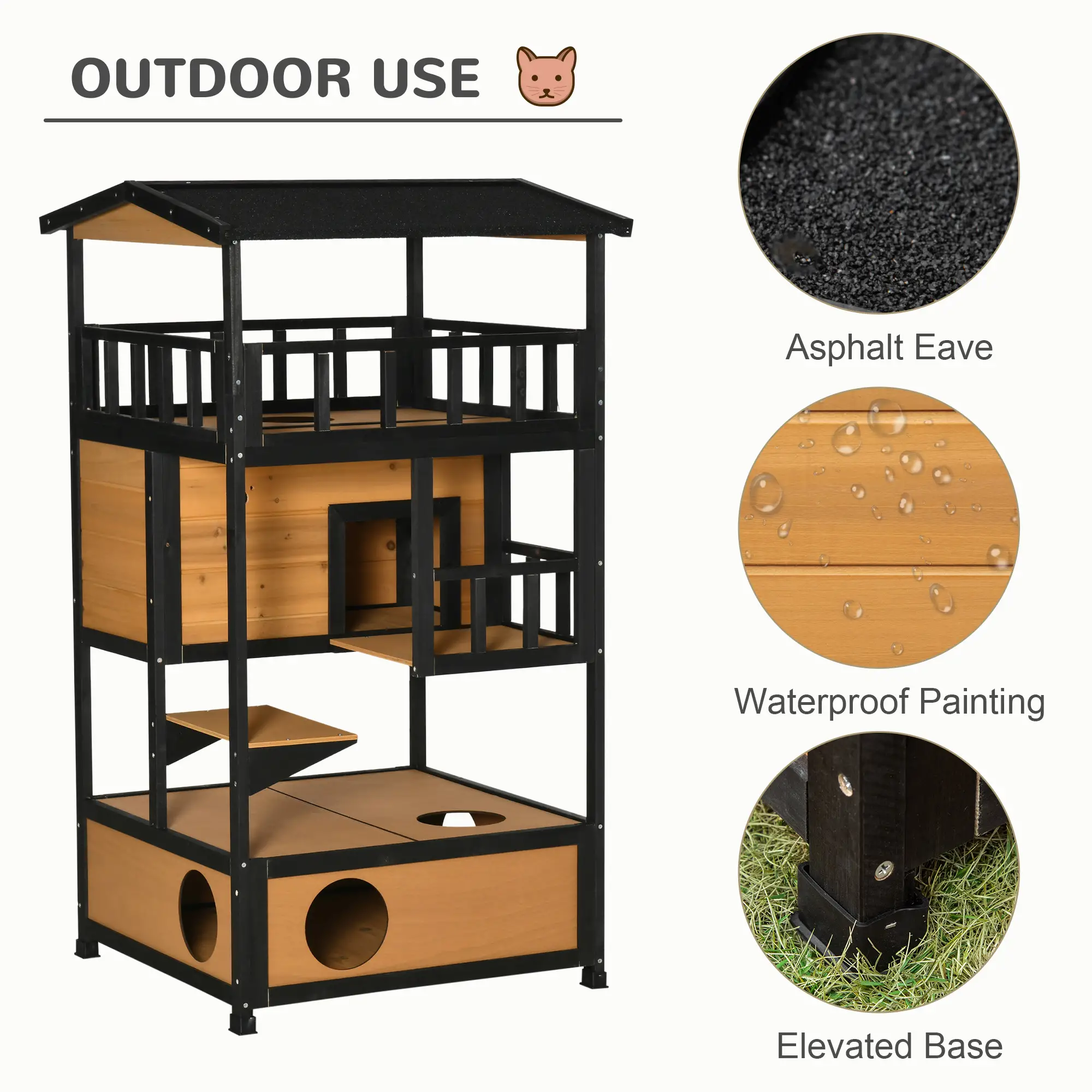 4-Floor Wood Outdoor Cat House, Condo, Fun Entrances, Perch, Natural - Image 6