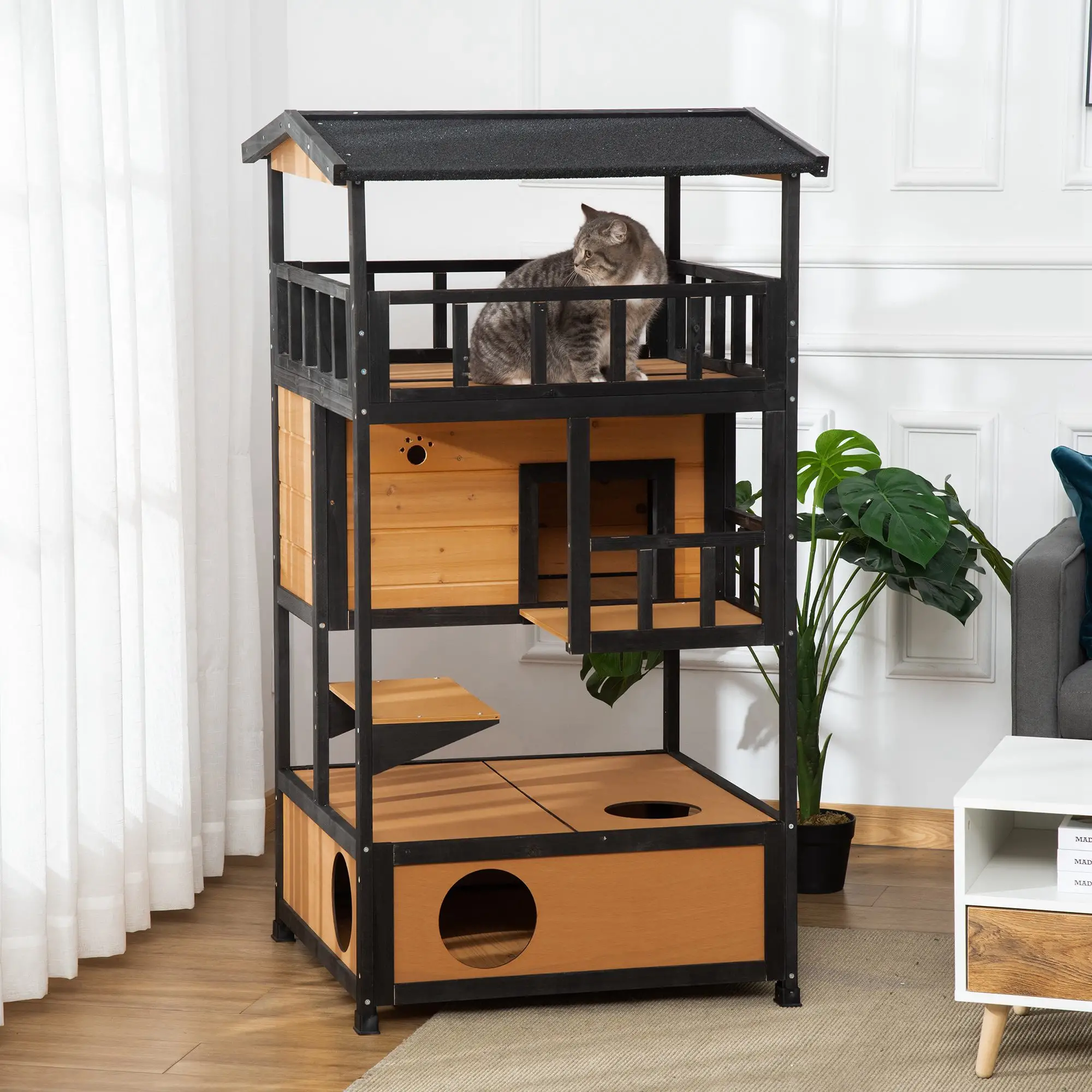 4-Floor Wood Outdoor Cat House, Condo, Fun Entrances, Perch, Natural - Image 8