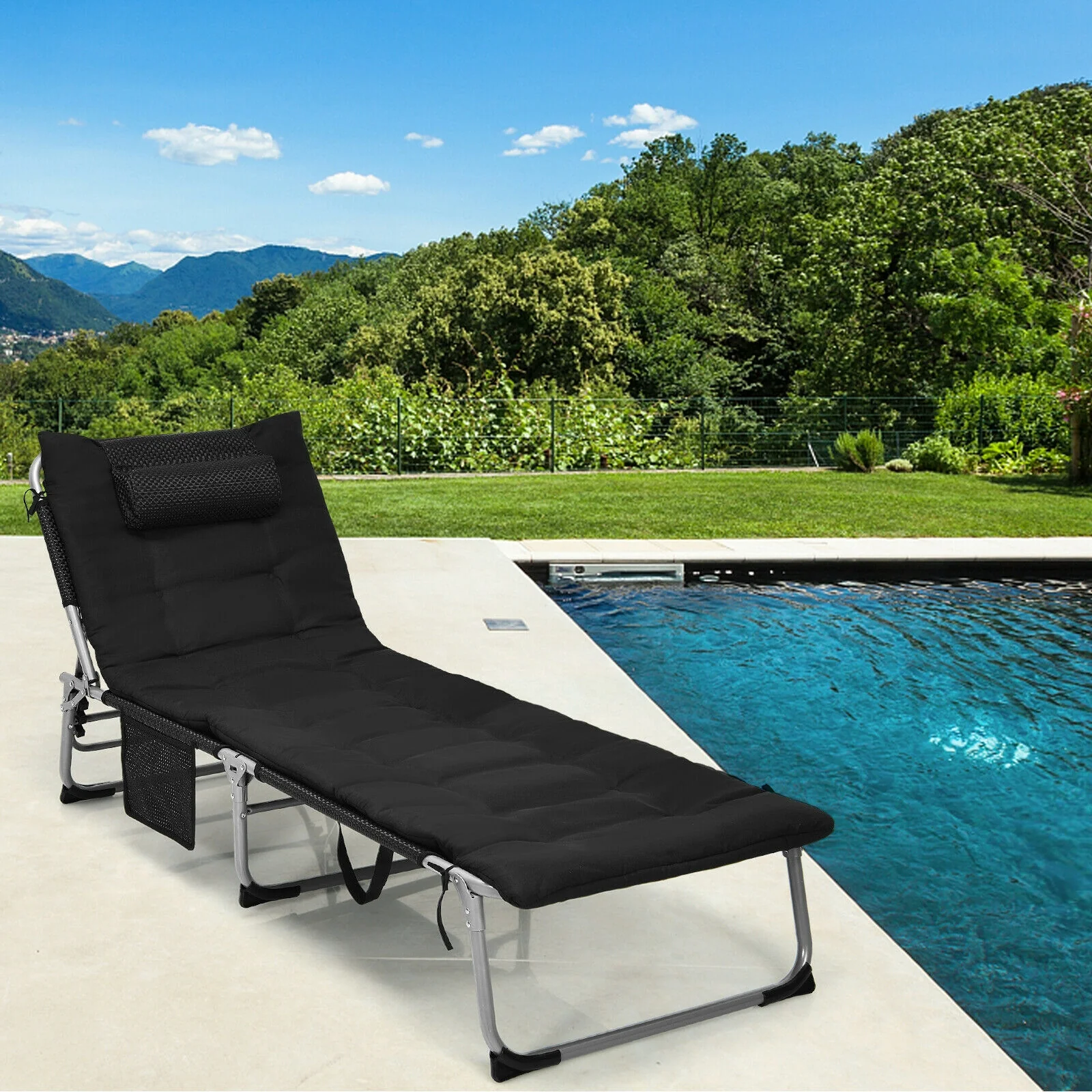 4-Fold Oversize Padded Folding Lounge Chair, Removable Soft Mattress, Black - Image 2