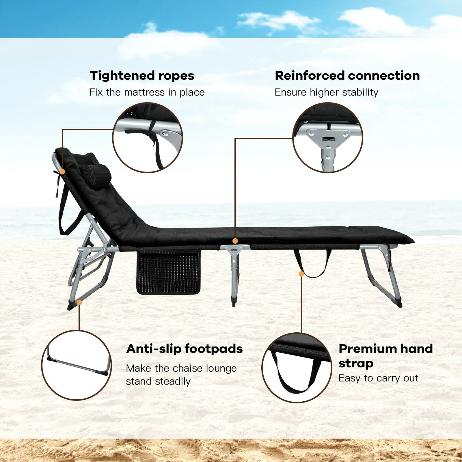 4-Fold Oversize Padded Folding Lounge Chair, Removable Soft Mattress, Black - Image 3