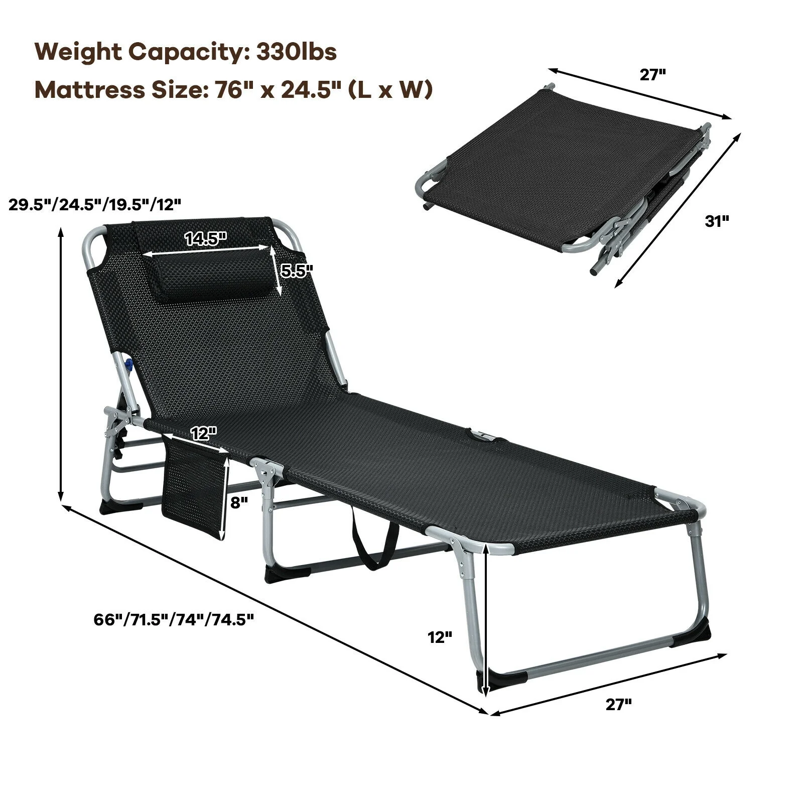 4-Fold Oversize Padded Folding Lounge Chair, Removable Soft Mattress, Black - Image 5