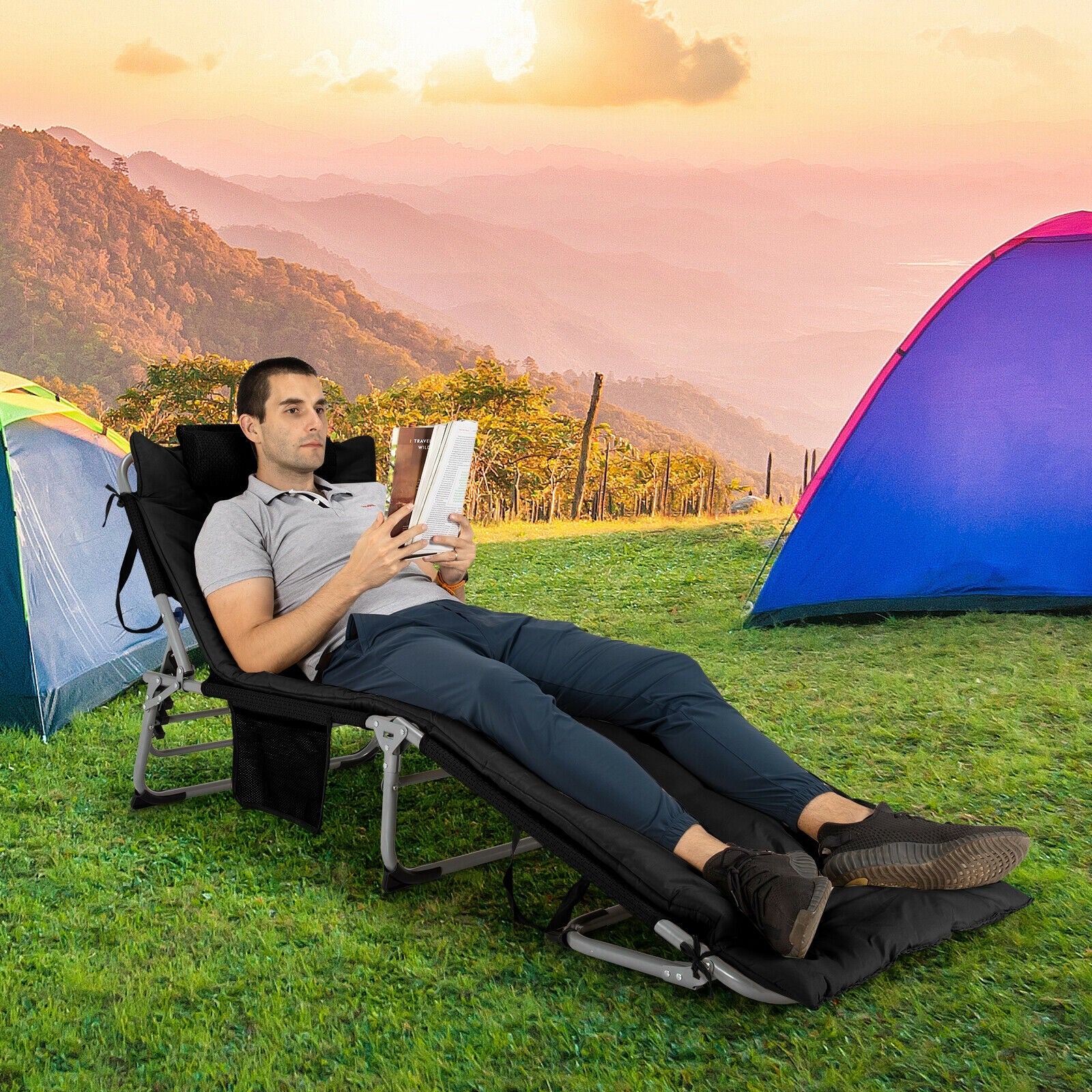 4-Fold Oversize Padded Folding Lounge Chair, Removable Soft Mattress, Black - Image 7
