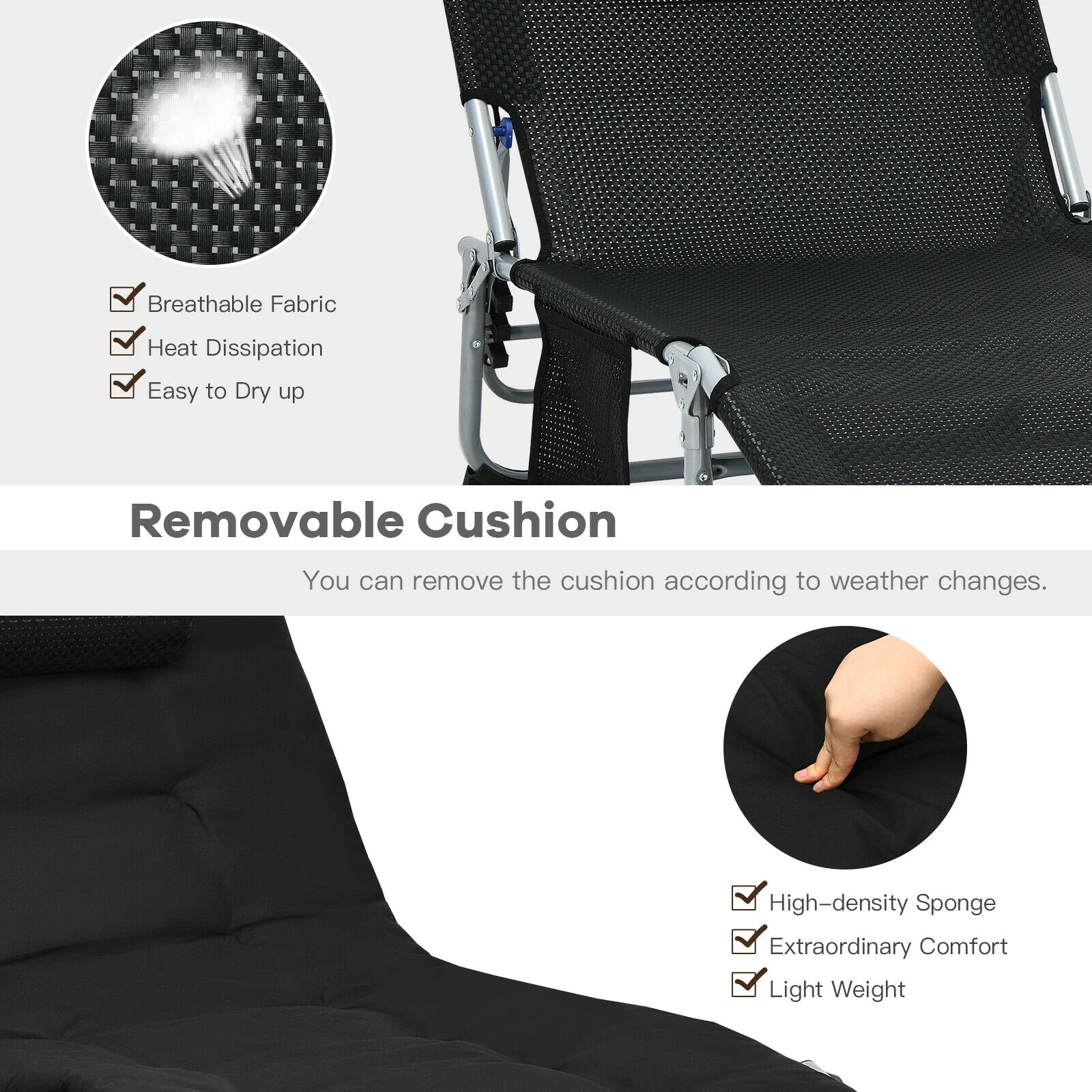 4-Fold Oversize Padded Folding Lounge Chair, Removable Soft Mattress, Black - Image 9