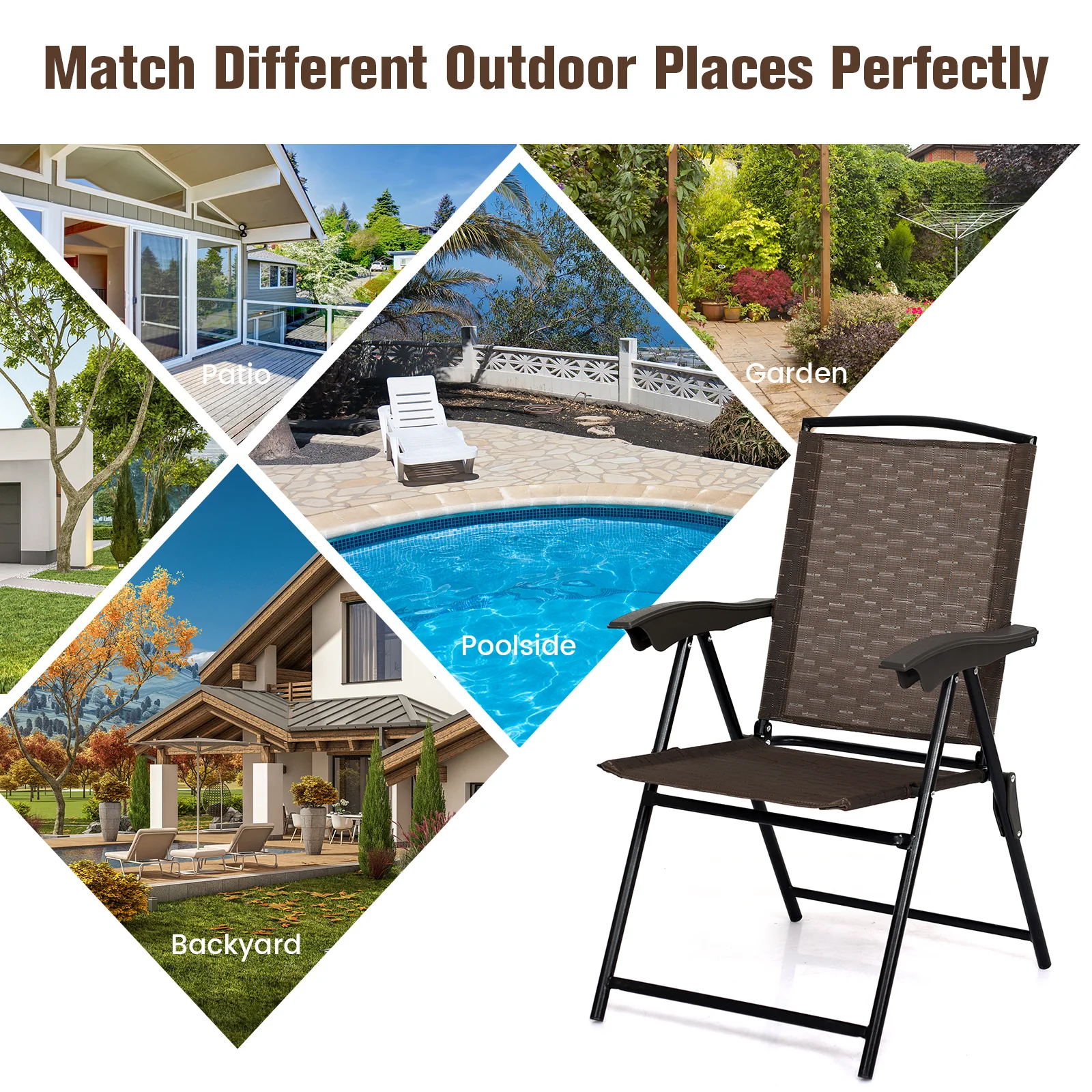 4 Folding Dining Chairs, Steel Armrests, Sling Back, Brown - Image 3