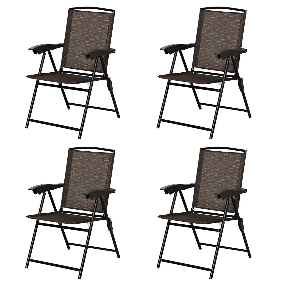 4 Folding Dining Chairs, Steel Armrests, Sling Back, Brown - Image 4