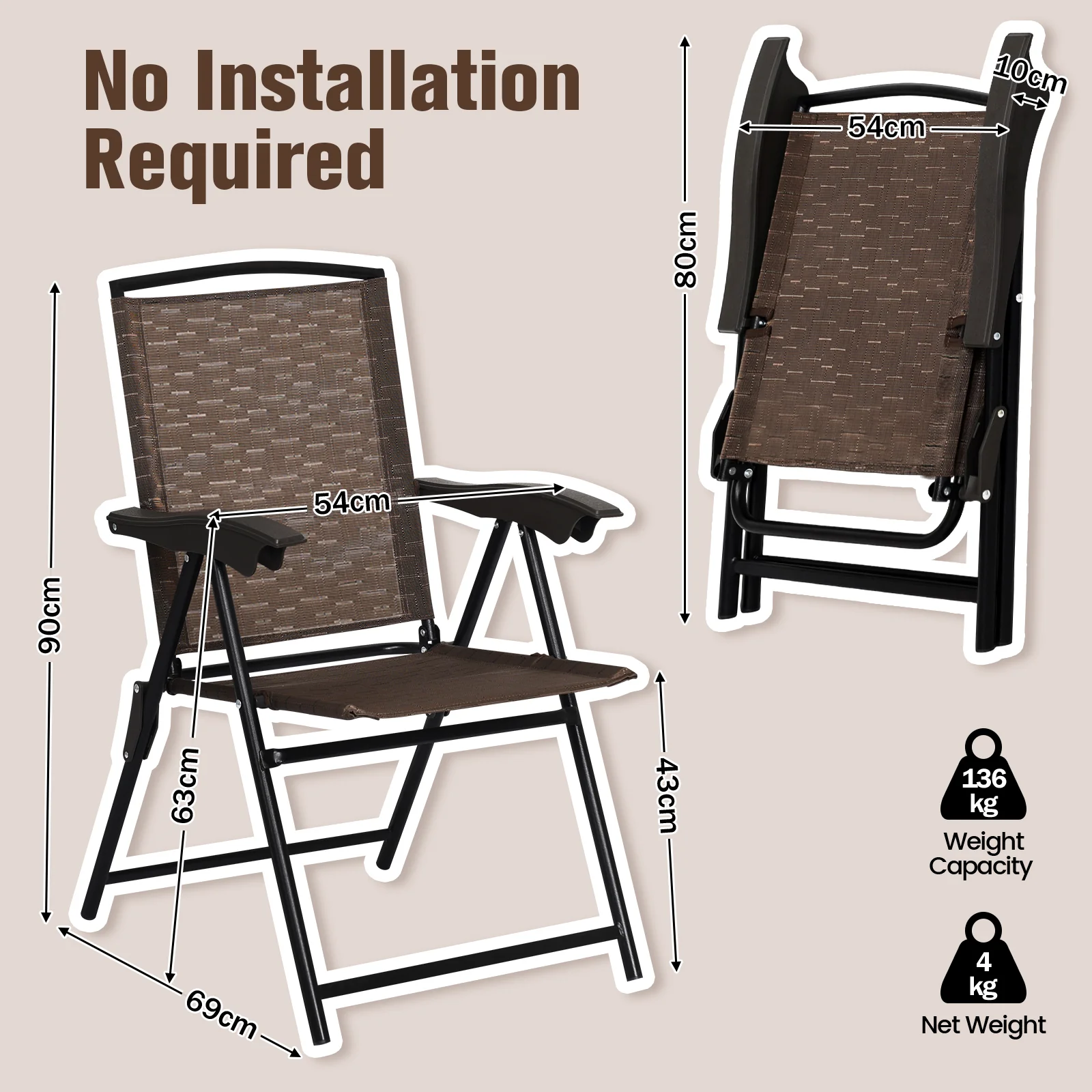 4 Folding Dining Chairs, Steel Armrests, Sling Back, Brown - Image 5