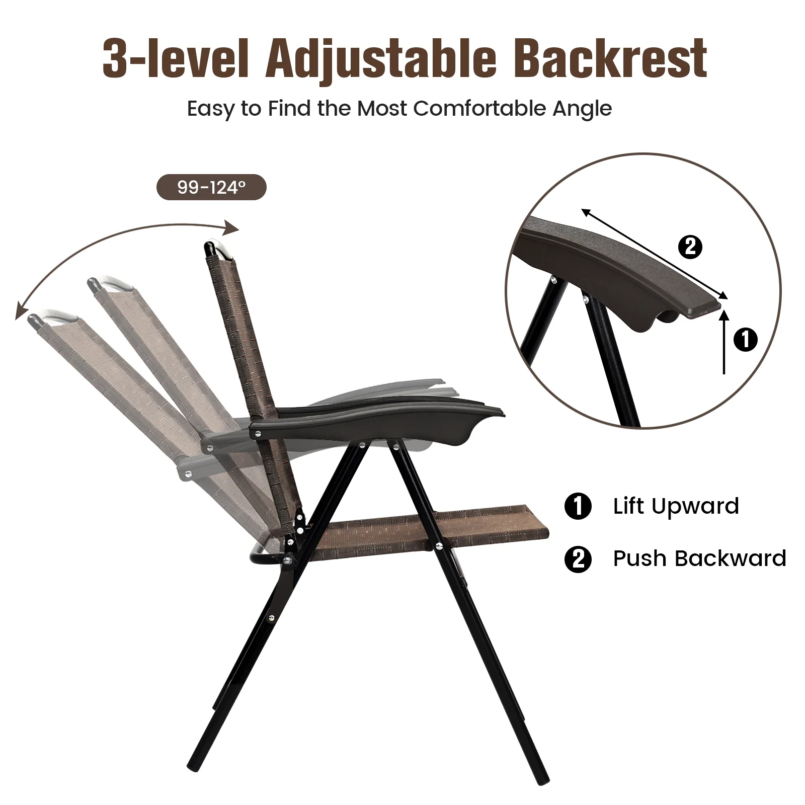 4 Folding Dining Chairs, Steel Armrests, Sling Back, Brown - Image 6
