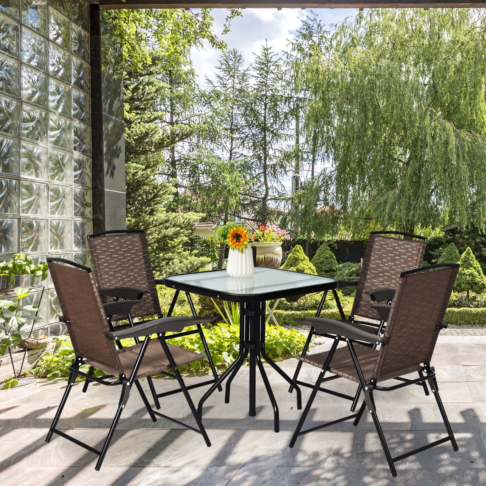 4 Folding Dining Chairs, Steel Armrests, Sling Back, Brown - Image 9