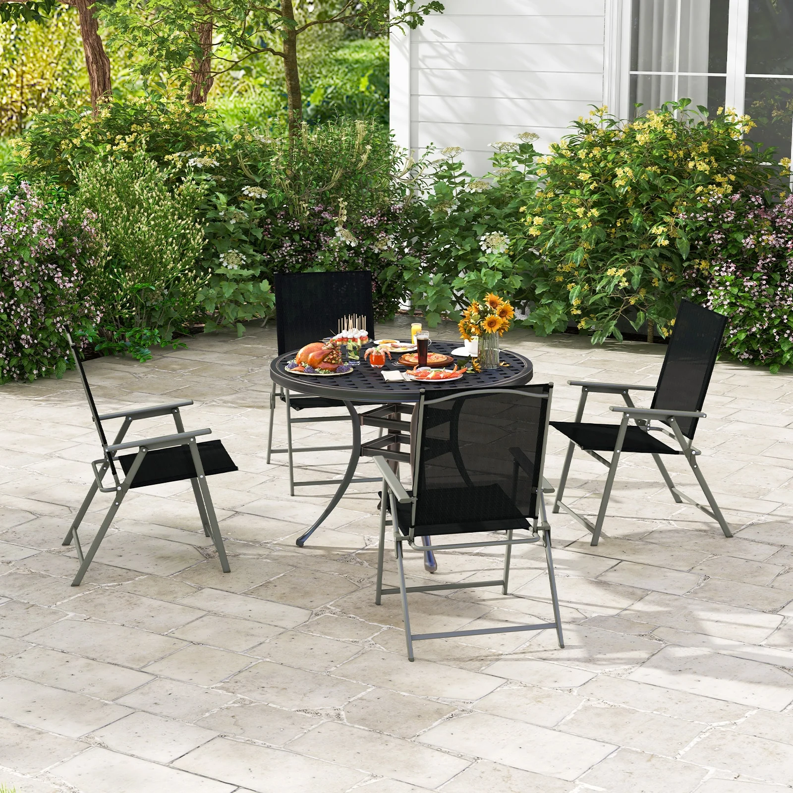 4 Folding Patio Chairs, Rustproof Metal Frame, Black - Image 2