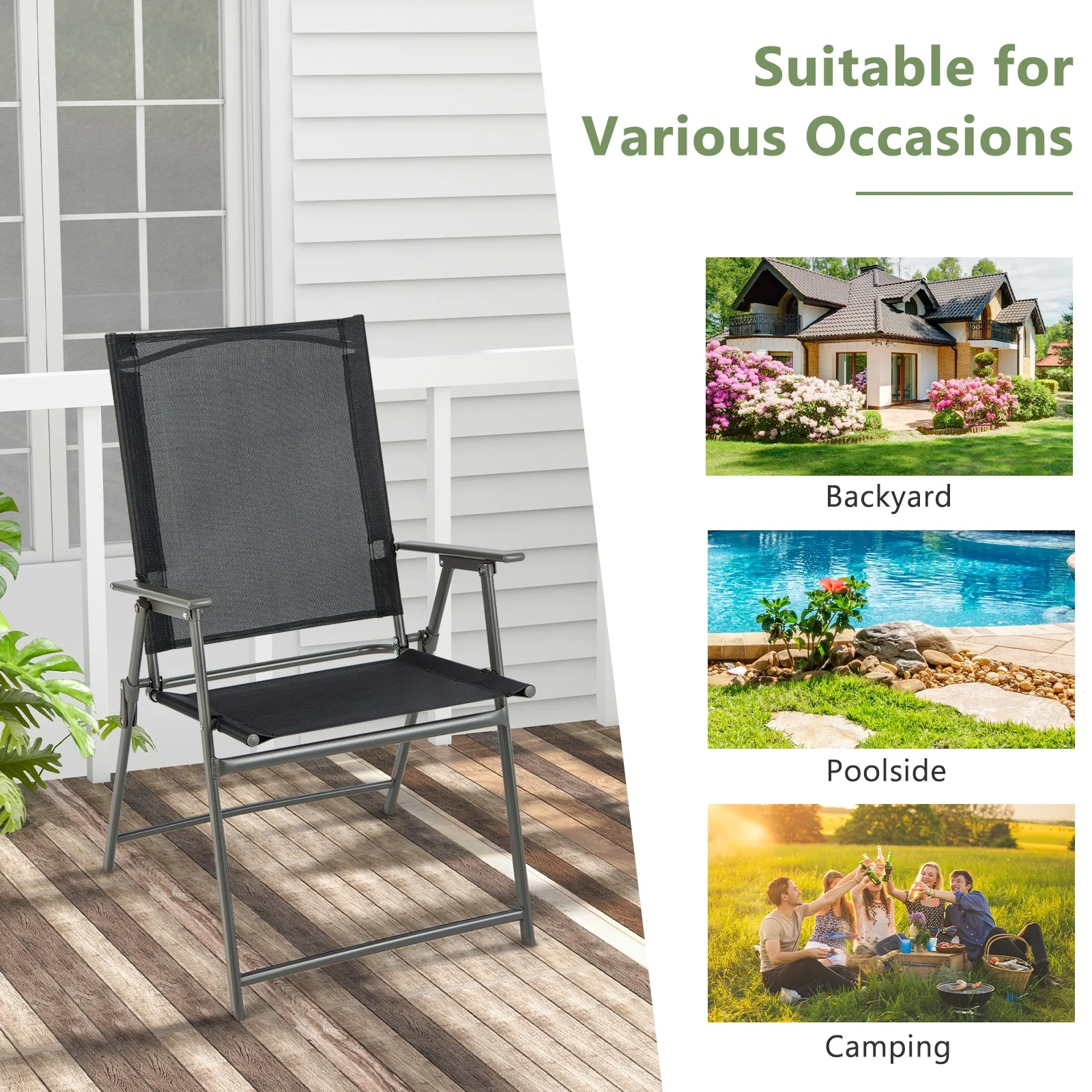 4 Folding Patio Chairs, Rustproof Metal Frame, Black - Image 5
