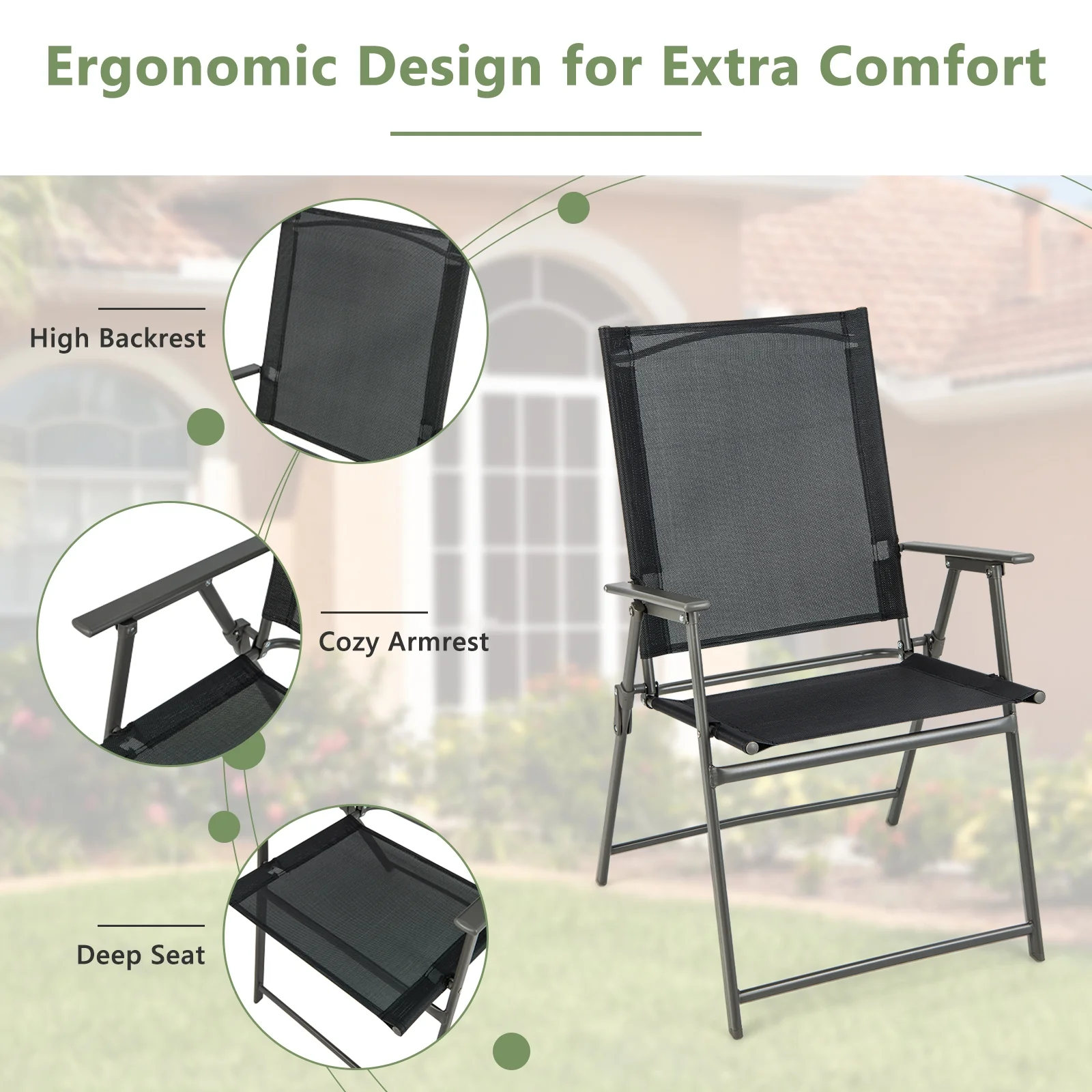 4 Folding Patio Chairs, Rustproof Metal Frame, Black - Image 6